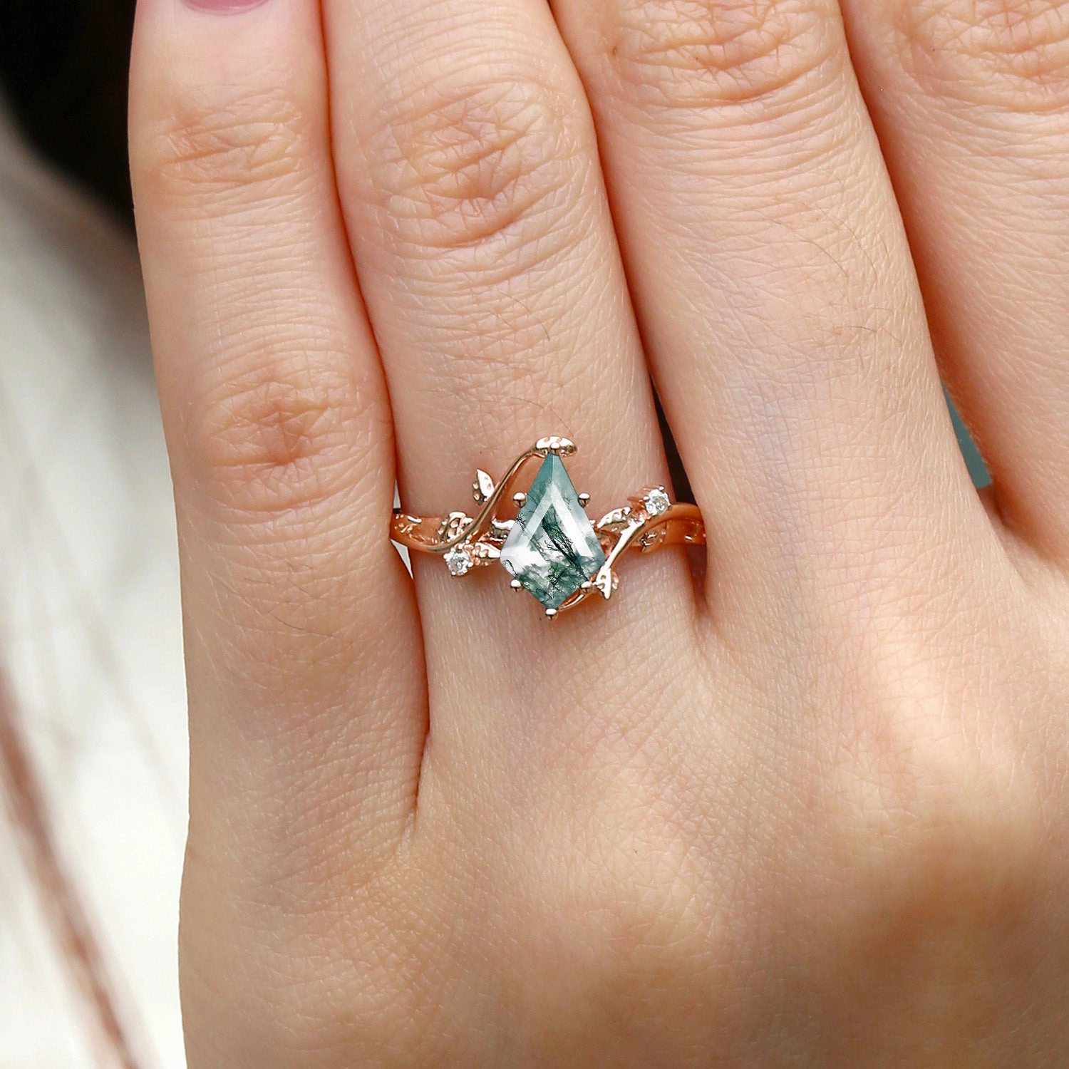 Unique Kite Cut Moss Agate Leafy Engagement Ring - Willow Unique Ornament