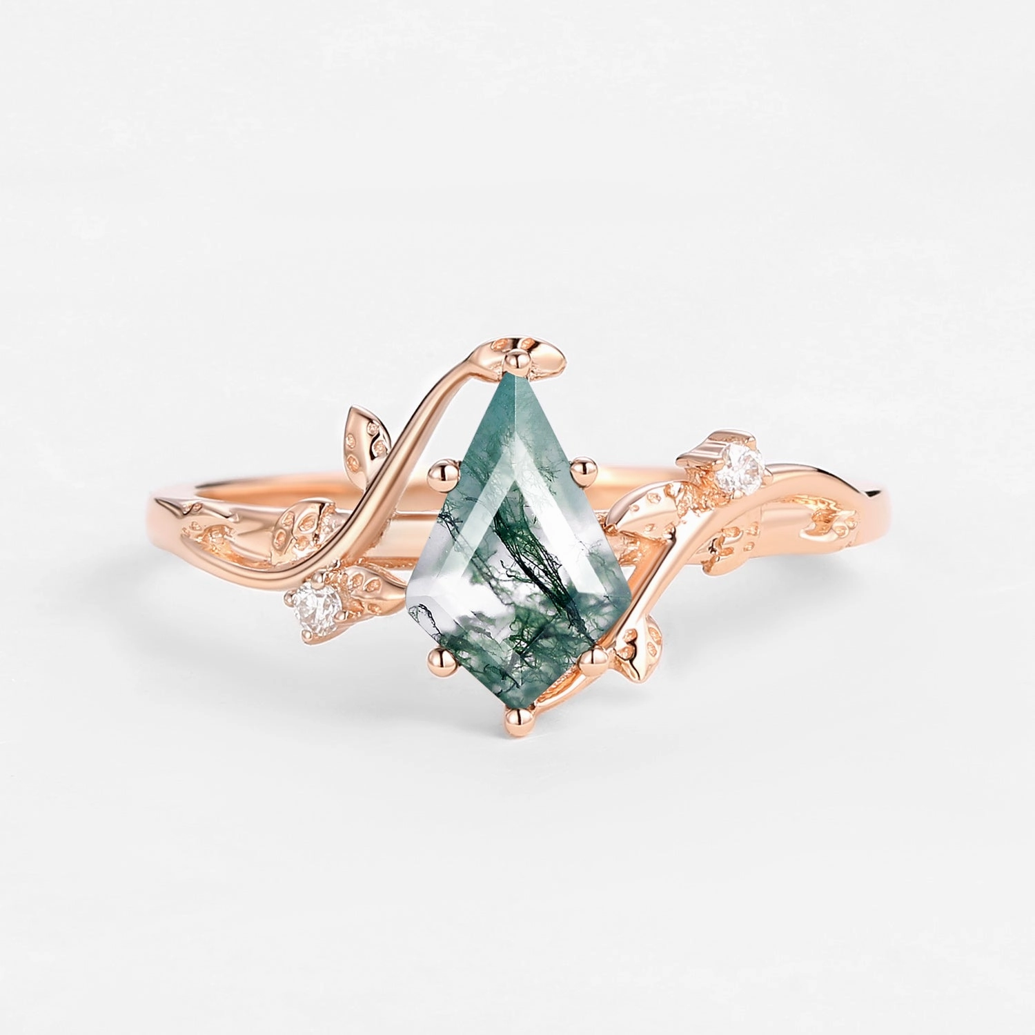 Unique Kite Cut Moss Agate Leafy Engagement Ring - Willow Radiant Finish Pieces Artisan Touch