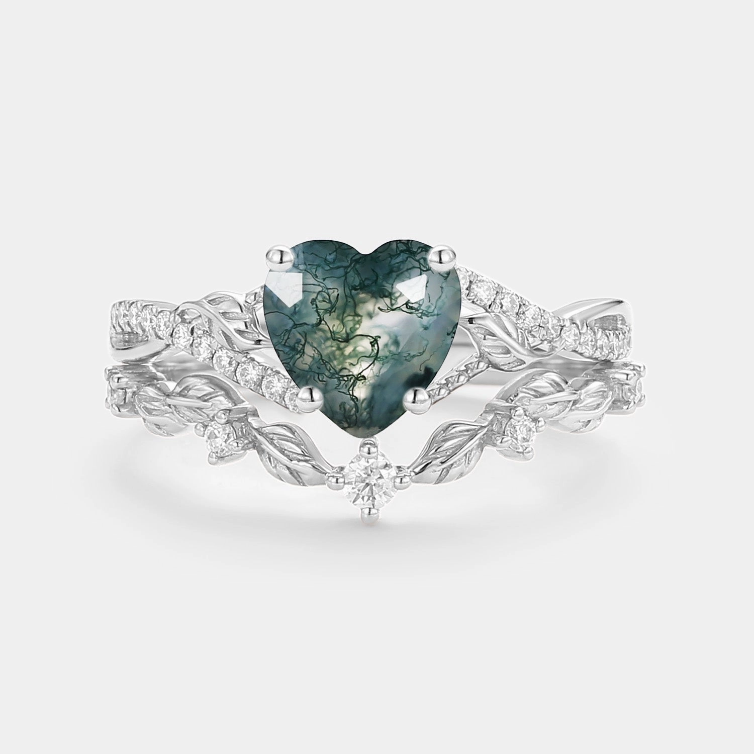 Nature Inspired Heart Shaped Moss Agate Leafy Ring Set 2pcs - Syrin Timeless Duo