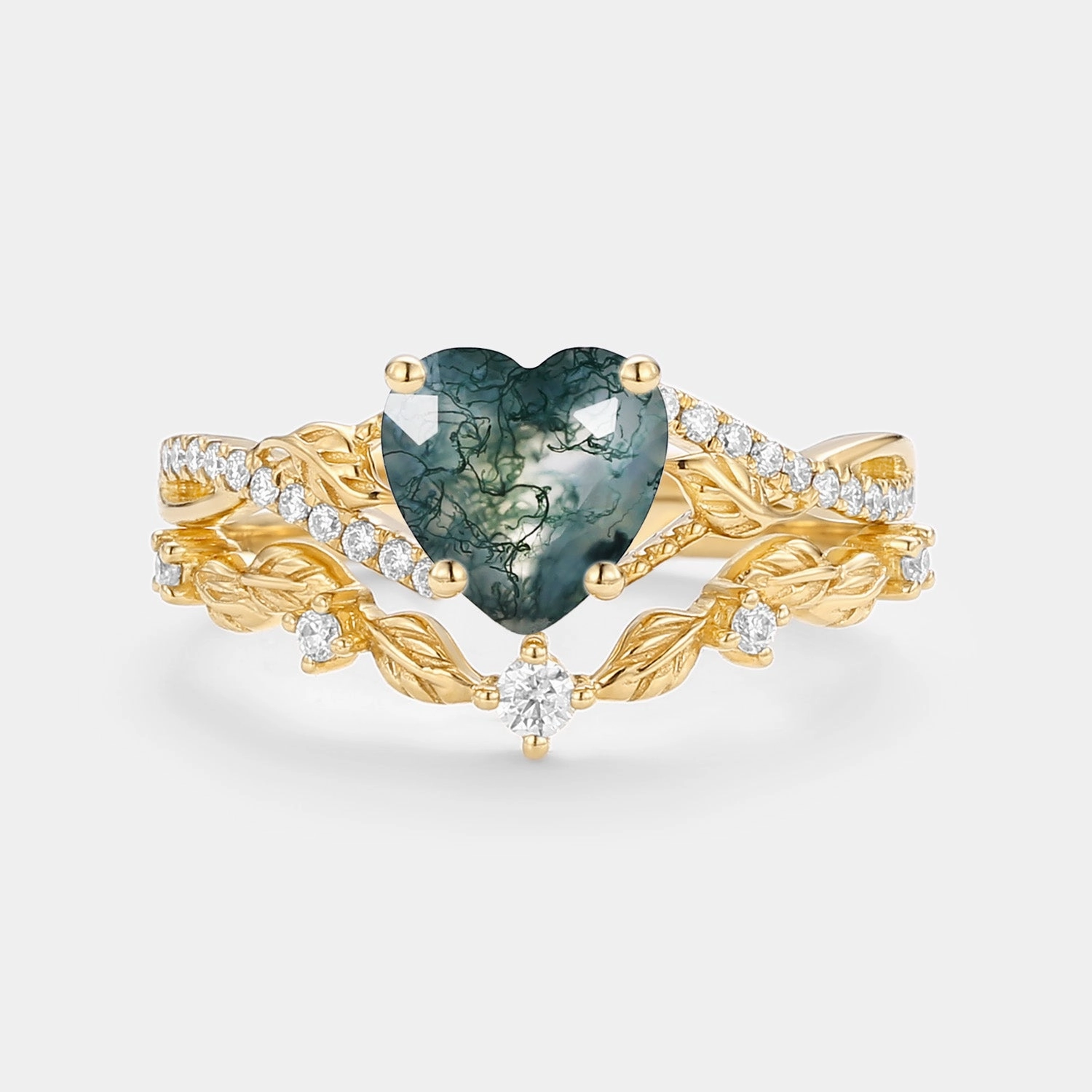 Nature Inspired Heart Shaped Moss Agate Leafy Ring Set 2pcs - Syrin Amazing Gift