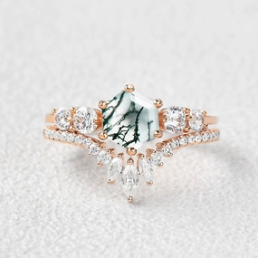 Round Staccato Hexagon Moss Agate Engagement Ring Set 2pcs Bold Touch Polished Lines