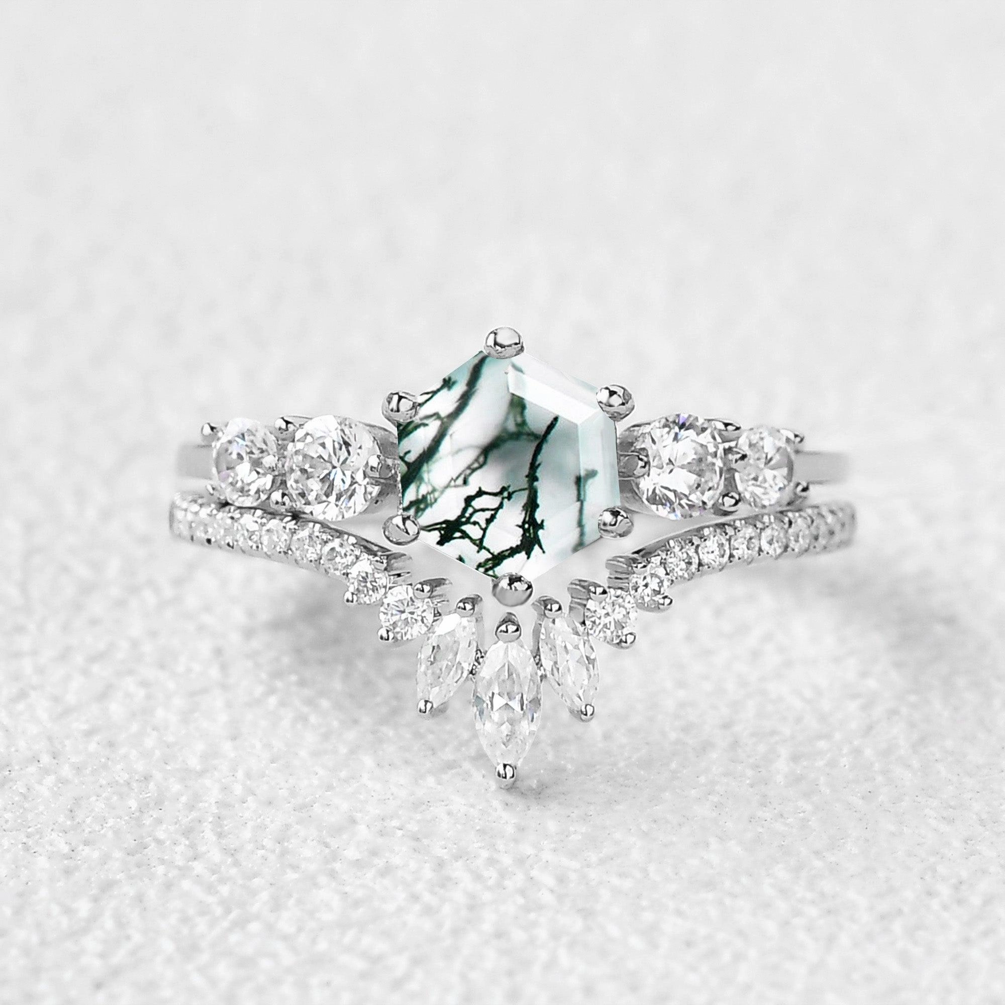 Round Staccato Hexagon Moss Agate Engagement Ring Set 2pcs Formal Highlight Precious Treasures