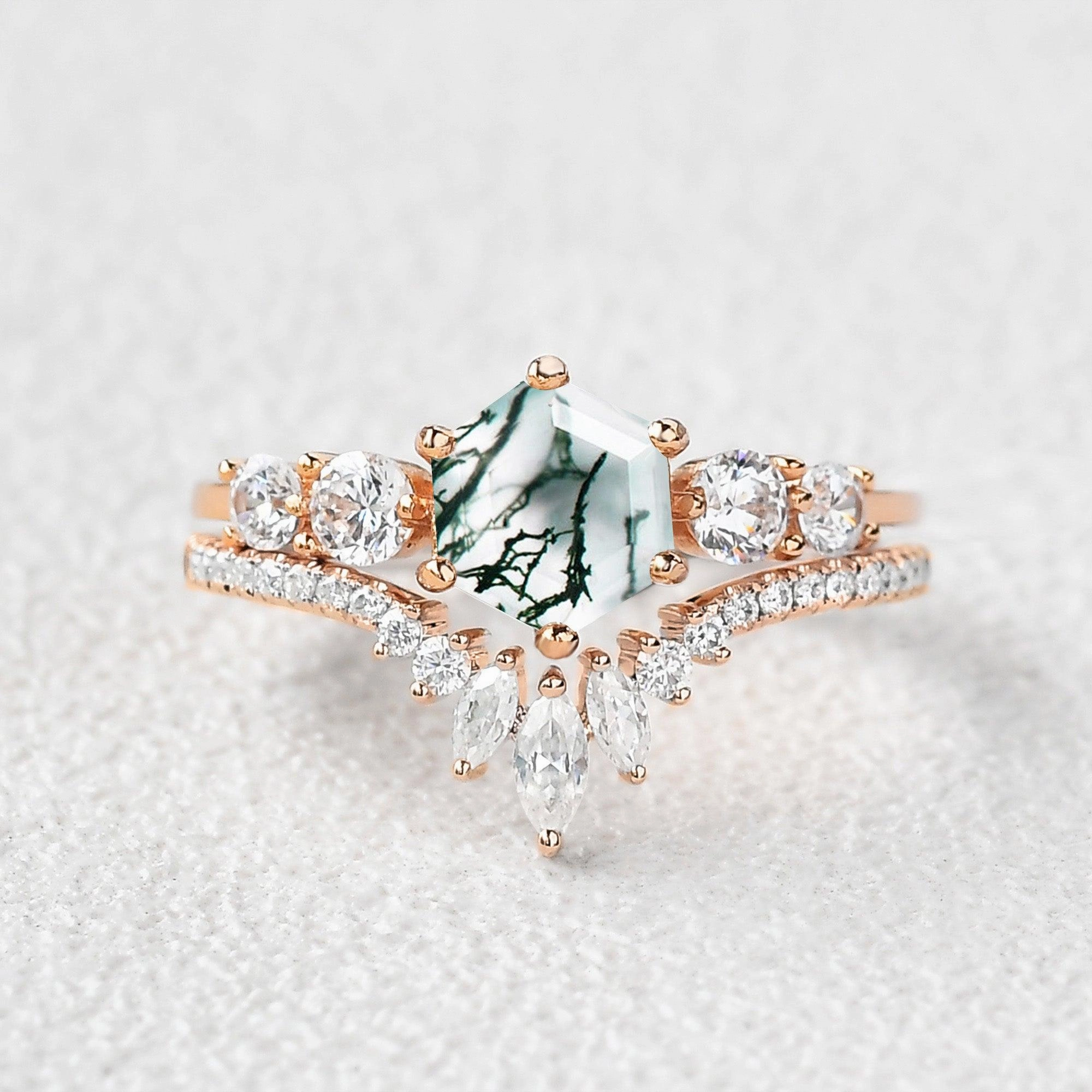 Round Staccato Hexagon Moss Agate Engagement Ring Set 2pcs Luminous Finish