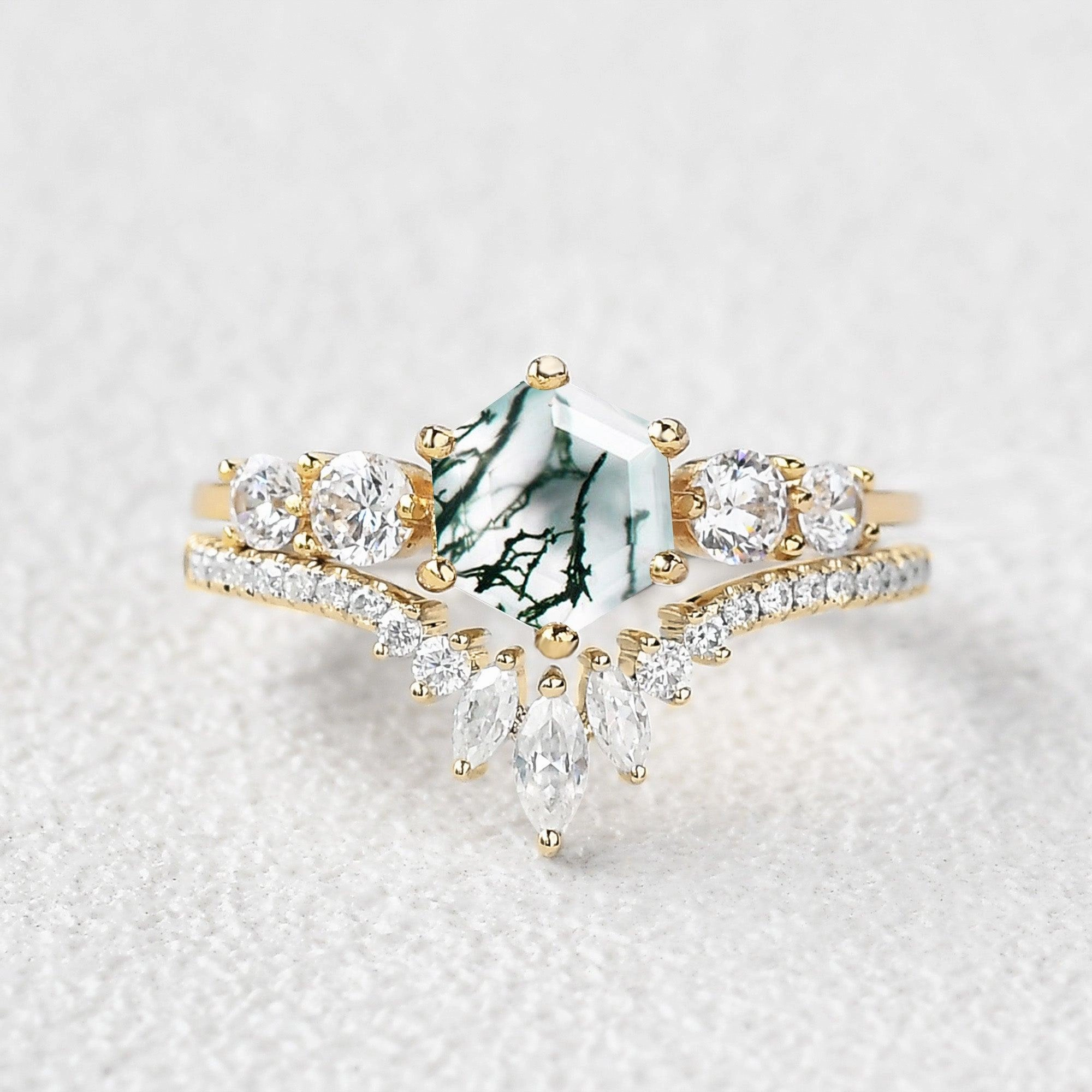 Round Staccato Hexagon Moss Agate Engagement Ring Set 2pcs Trendy Spark