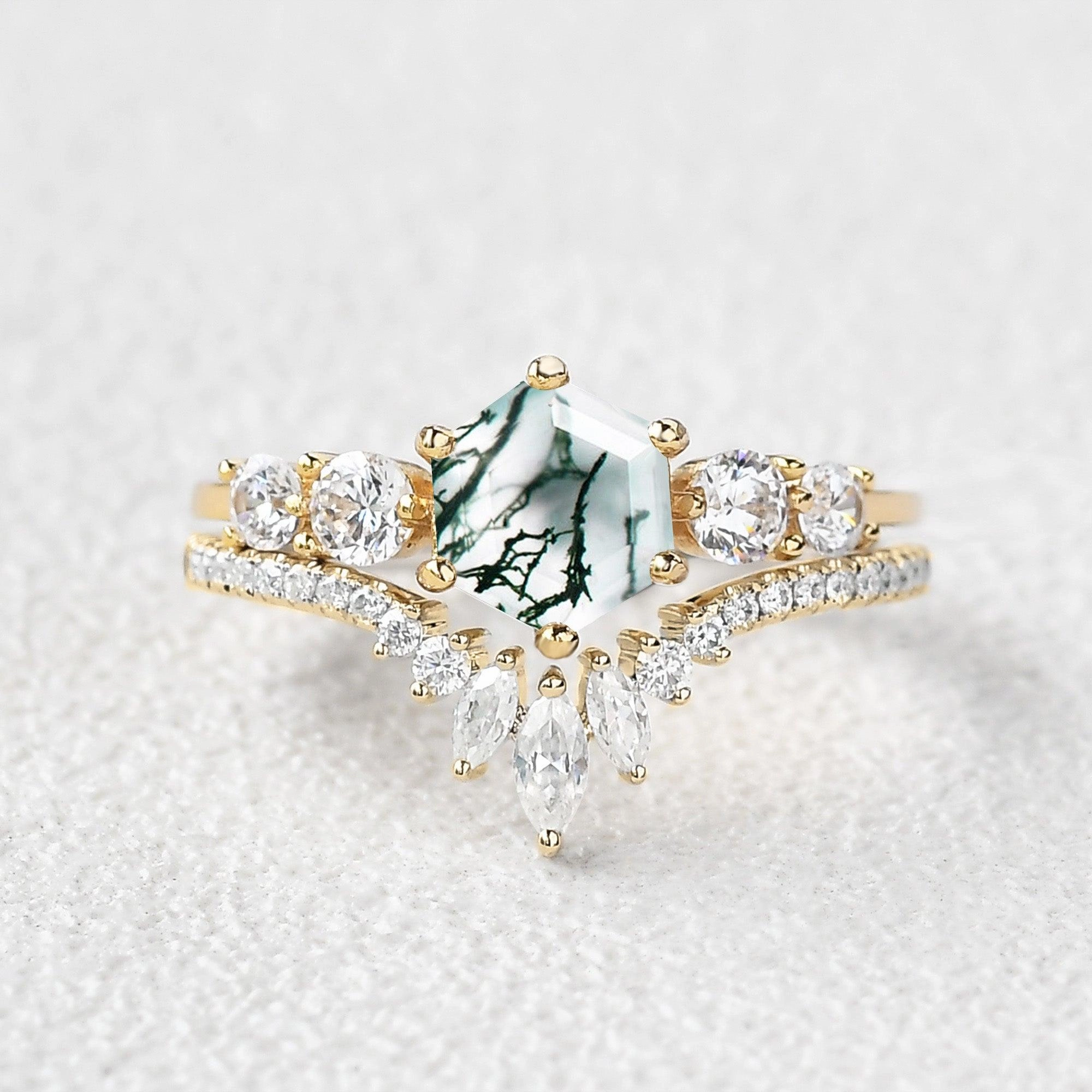 Petite Design Gala Event Round Staccato Hexagon Moss Agate Engagement Ring Set 2pcs