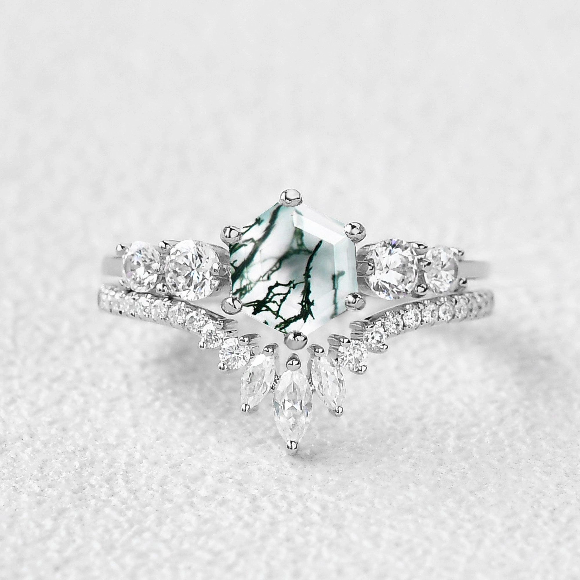 Round Staccato Hexagon Moss Agate Engagement Ring Set 2pcs Elegant Vibe