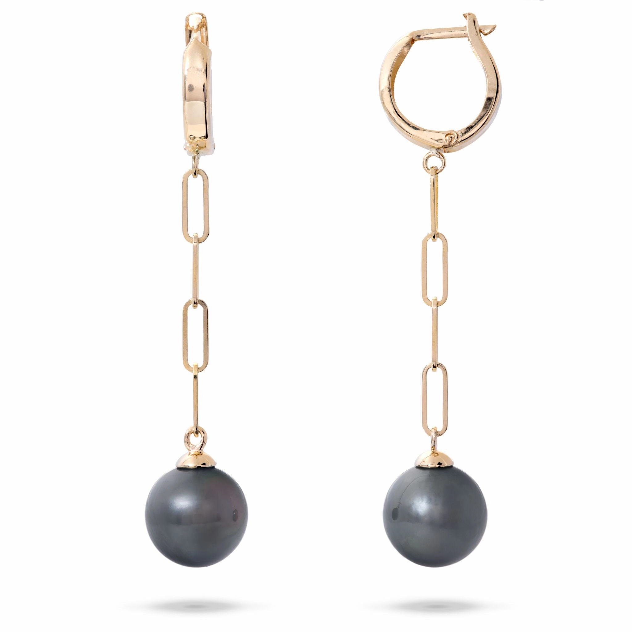 Tahitian Black Pearl Paperclip Chain Earrings in Gold - 9-11mm Dazzling Style Fine Finish