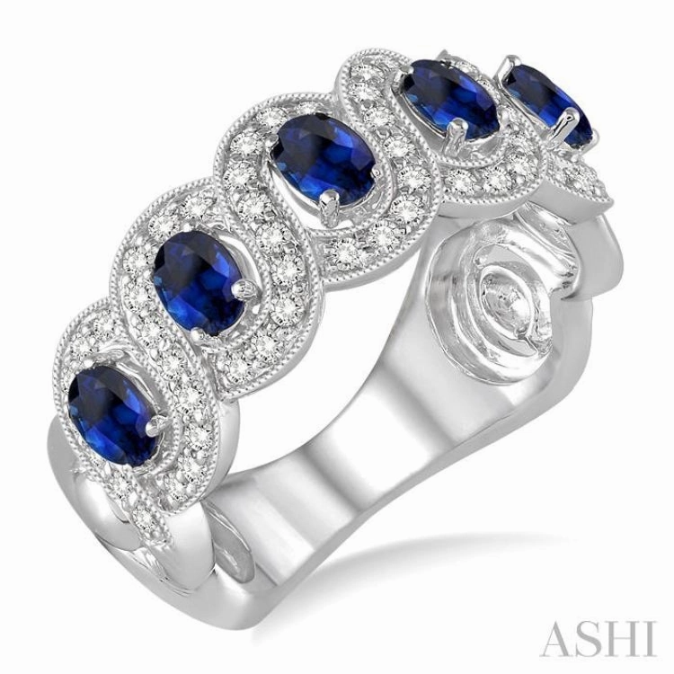 Premium Jewelry classic accessory 4x3 MM Oval Cut Sapphire and 1/2 ctw Round Cut Diamond Precious Ring in 14K White Gold