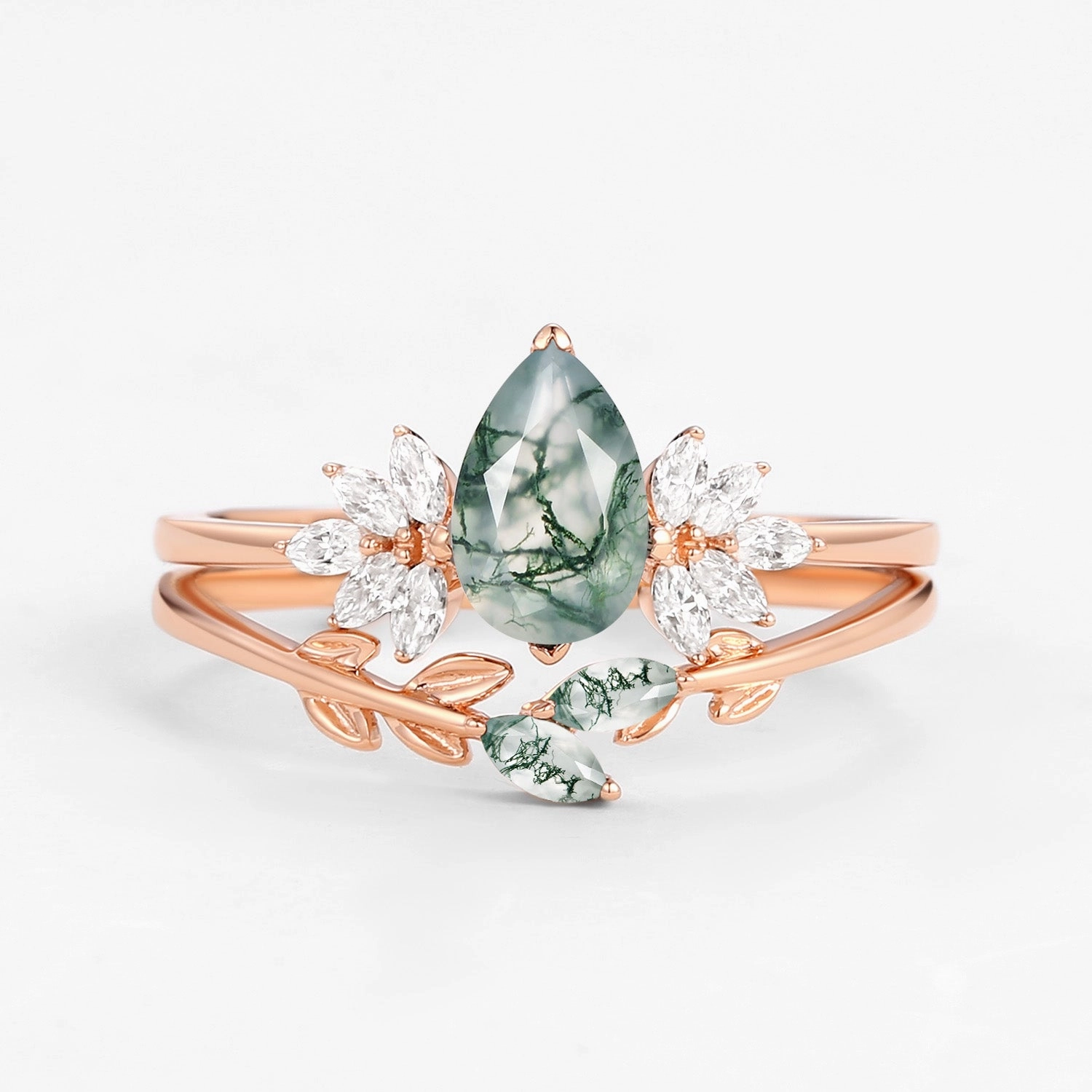 Pear Cut Moss Agate Leafy Forest Elves Engagement Ring Set 2pcs - Amayah Wonderful Art Sparkling Embellishment