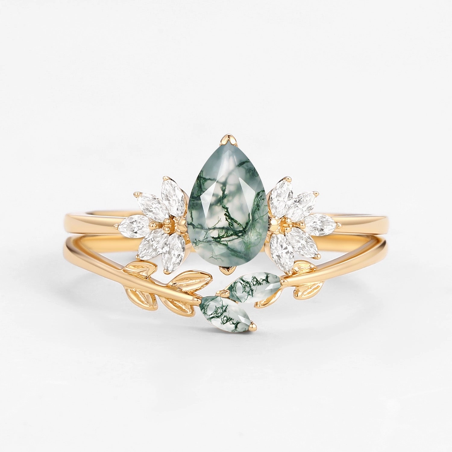 Sophisticated Glow Pear Cut Moss Agate Leafy Forest Elves Engagement Ring Set 2pcs - Amayah