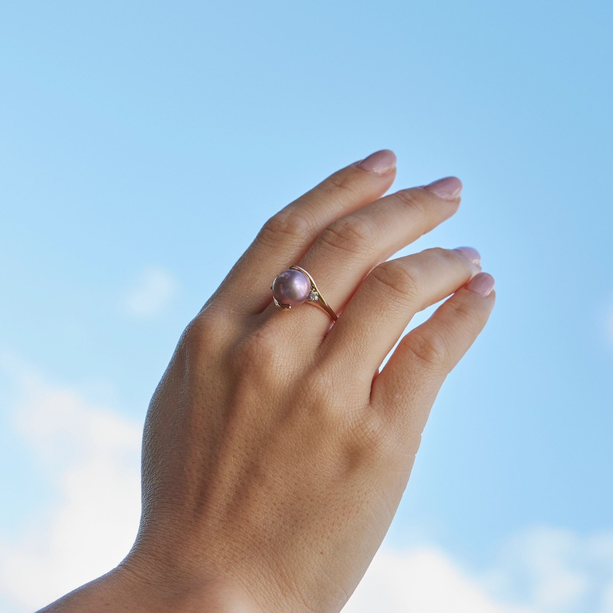 Elegant Detailing Trendy Layers Lilac Freshwater Pearl Ring in Rose Gold with Diamonds - 10-11mm