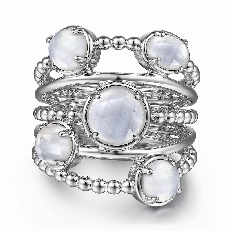 Elegant Contour 925 Sterling Silver Rock Crystal and White Mother of Pearl Statement Bubble Ring