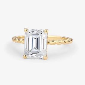 Emerald Cut Moissanite Solitaire Hidden Halo Ring Structured Shape