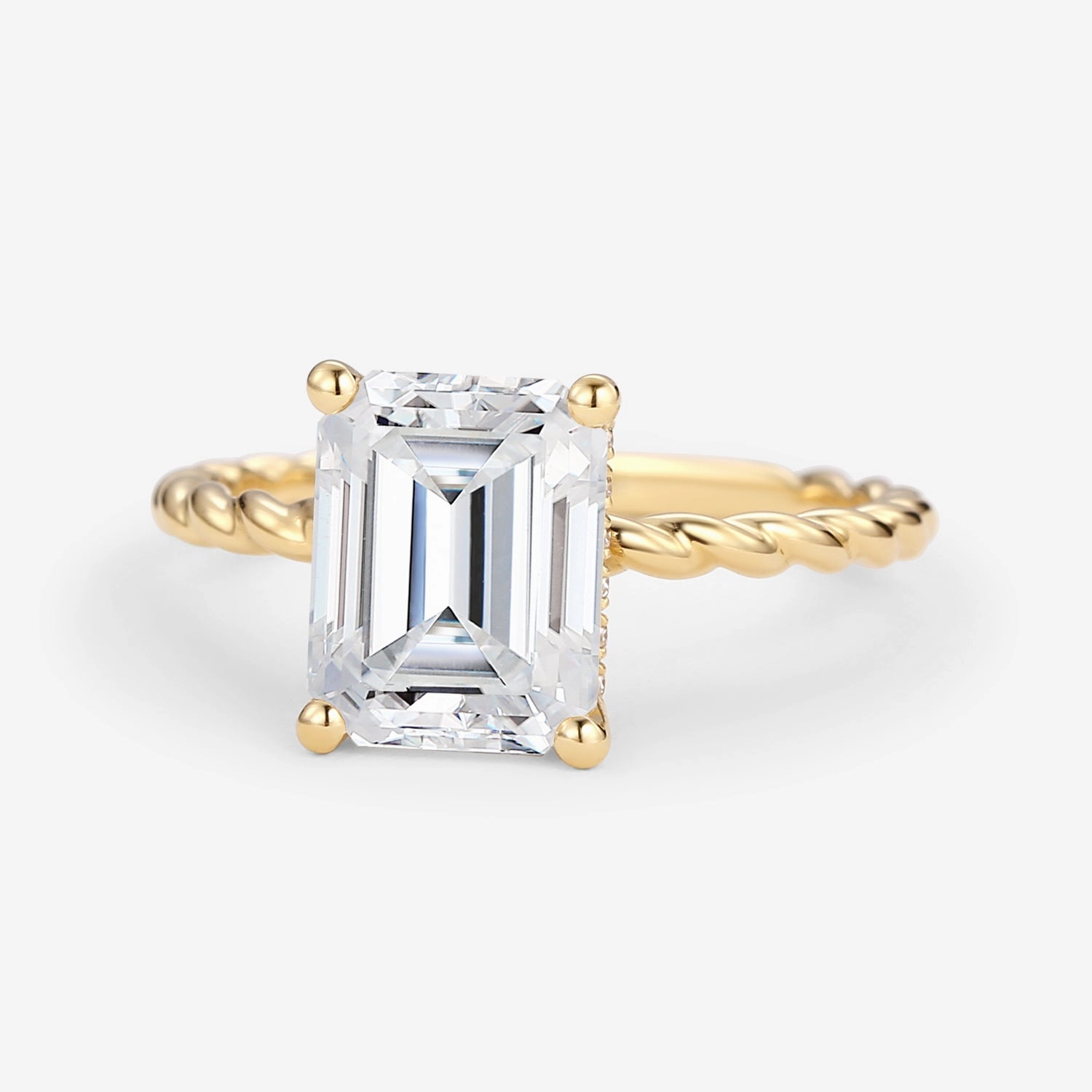 Emerald Cut Moissanite Solitaire Hidden Halo Ring Structured Shape