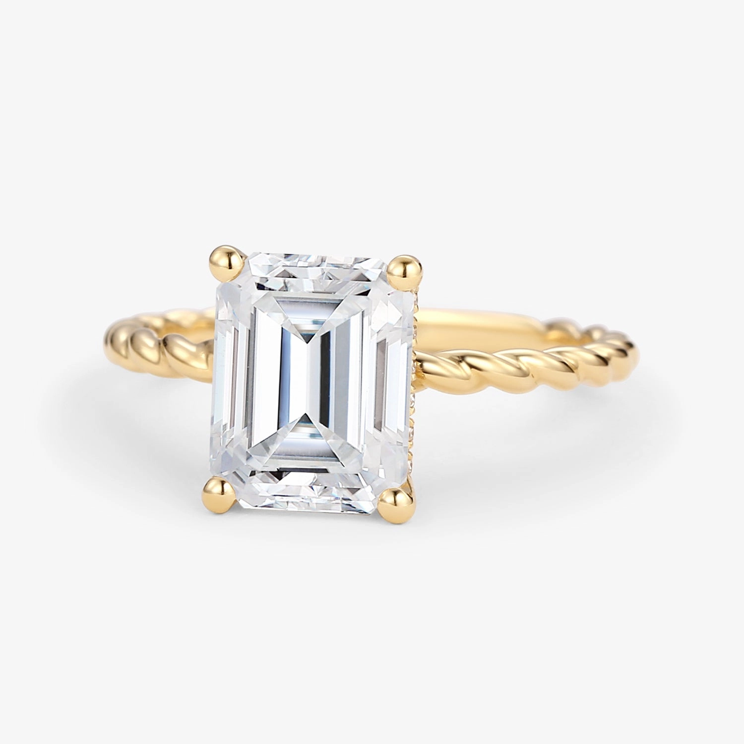 Emerald Cut Moissanite Solitaire Hidden Halo Ring Symbolic Form