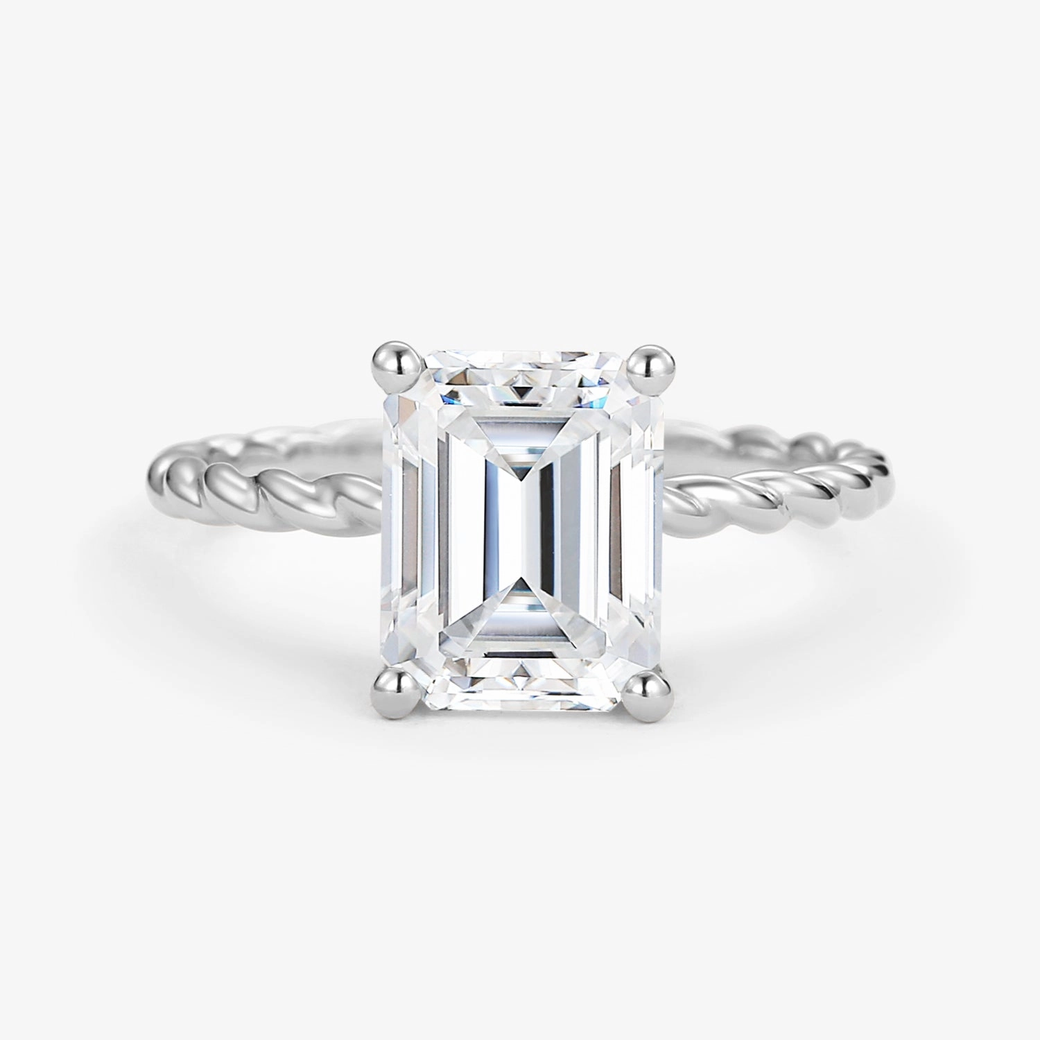 Emerald Cut Moissanite Solitaire Hidden Halo Ring Gentle Accent Distinct Detail
