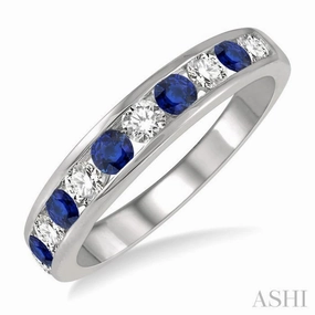 Brilliant Piece 2.6 MM Sapphire and 3/8 Ctw Round Cut Diamond Precious Wedding Band in 14K White Gold
