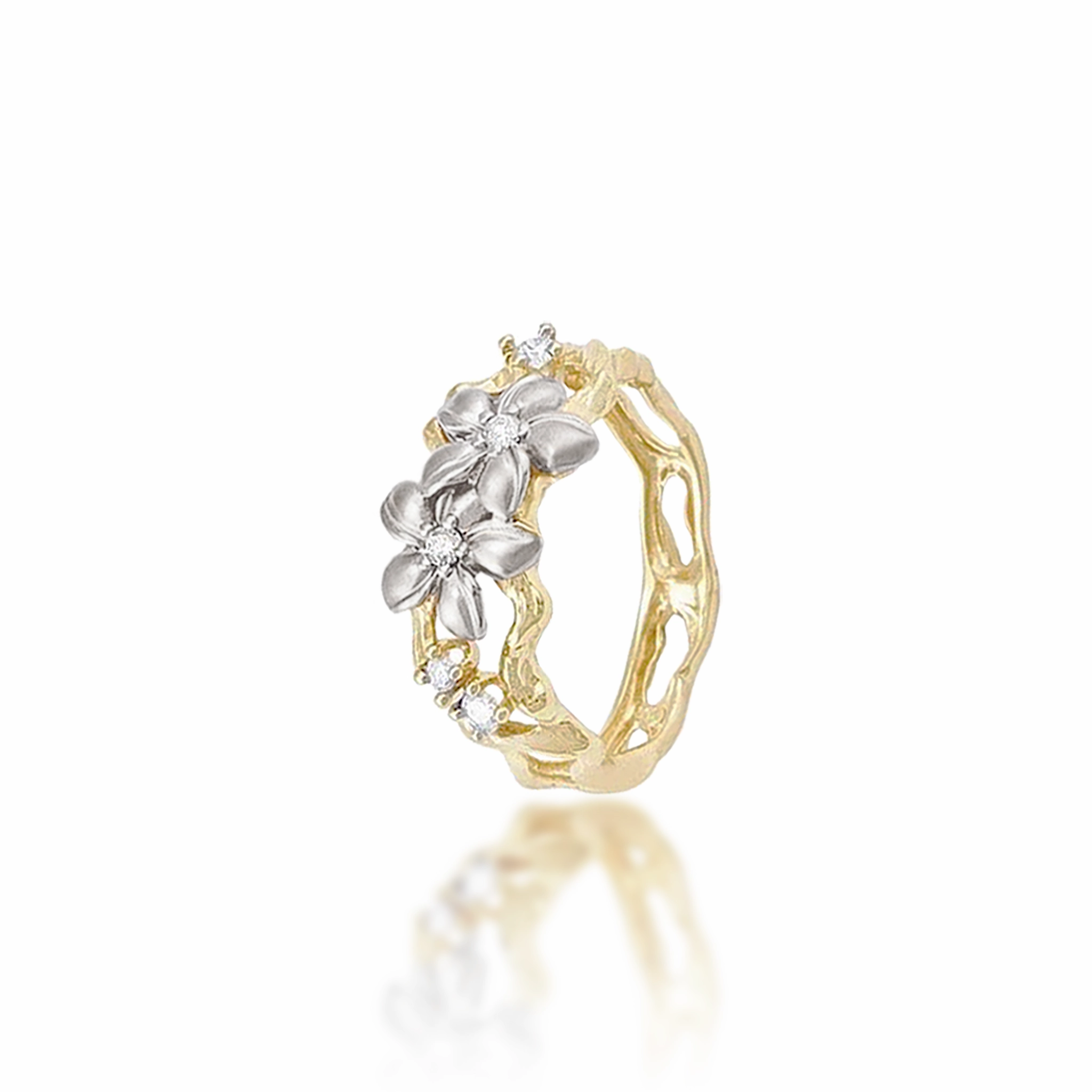 Everyday Essential Modern Craft Plumeria Ring in Two Tone Gold with Diamonds - 10mm