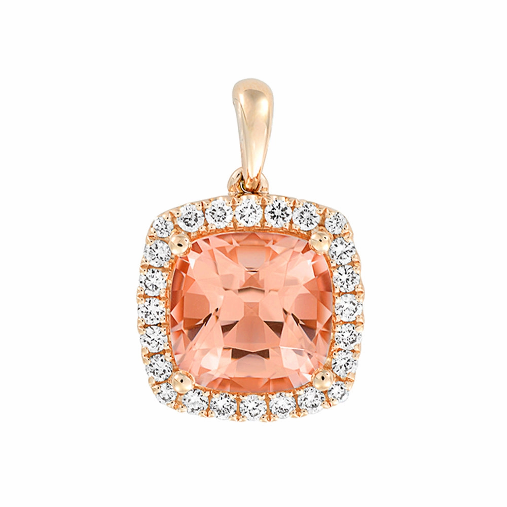 Dynamic Detail Everyday Pick 14K rose gold pendant featuring a century-cut Chatham lab grown champagne sapphire with a halo of Chatham lab grown diamonds.