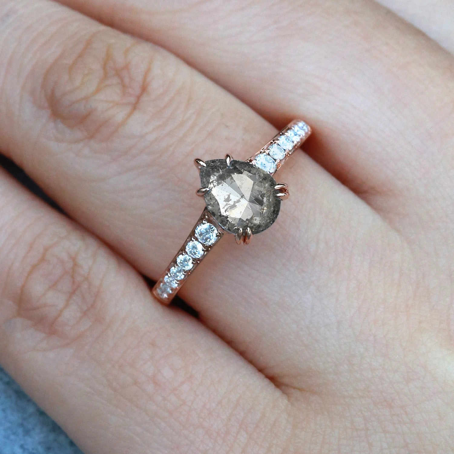 Smooth Detail Glossy Accent Antique Salt and Pepper Diamonds Pear Cut Engagement Ring