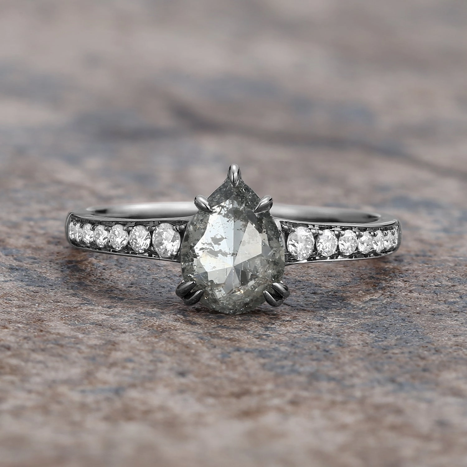Antique Salt and Pepper Diamonds Pear Cut Engagement Ring Distinctive Style Pieces Minimal Radiance