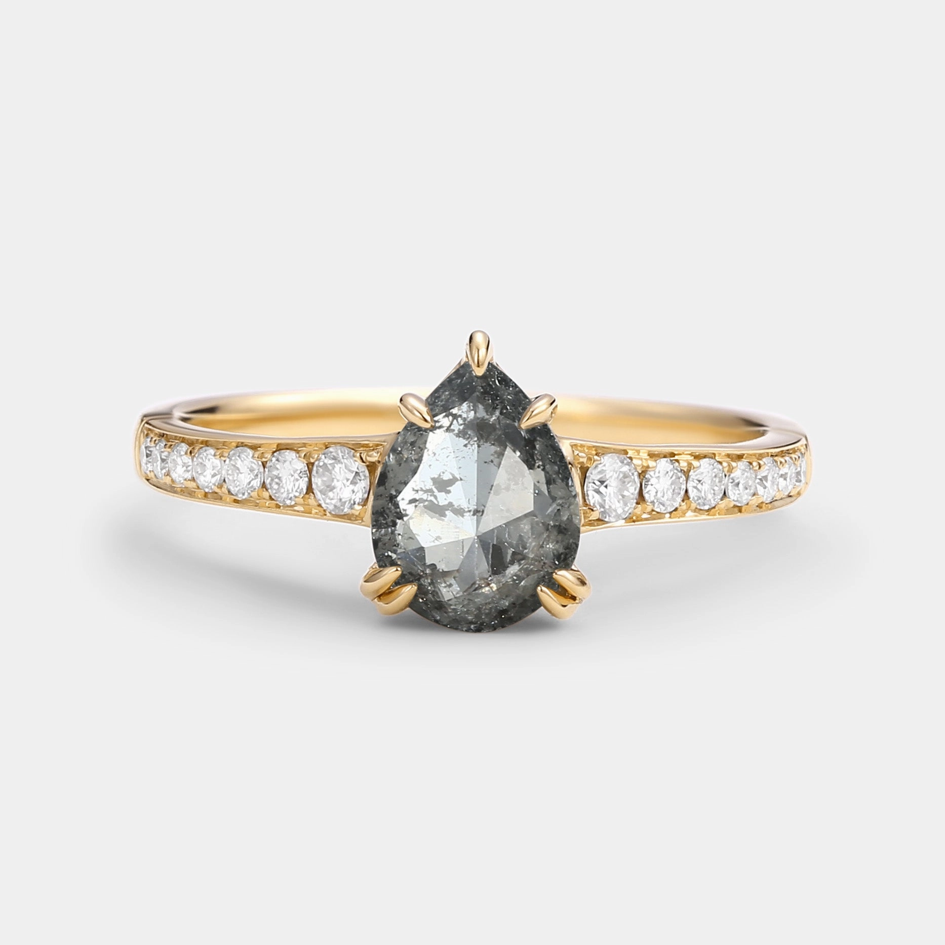 Understated Elegance Antique Salt and Pepper Diamonds Pear Cut Engagement Ring