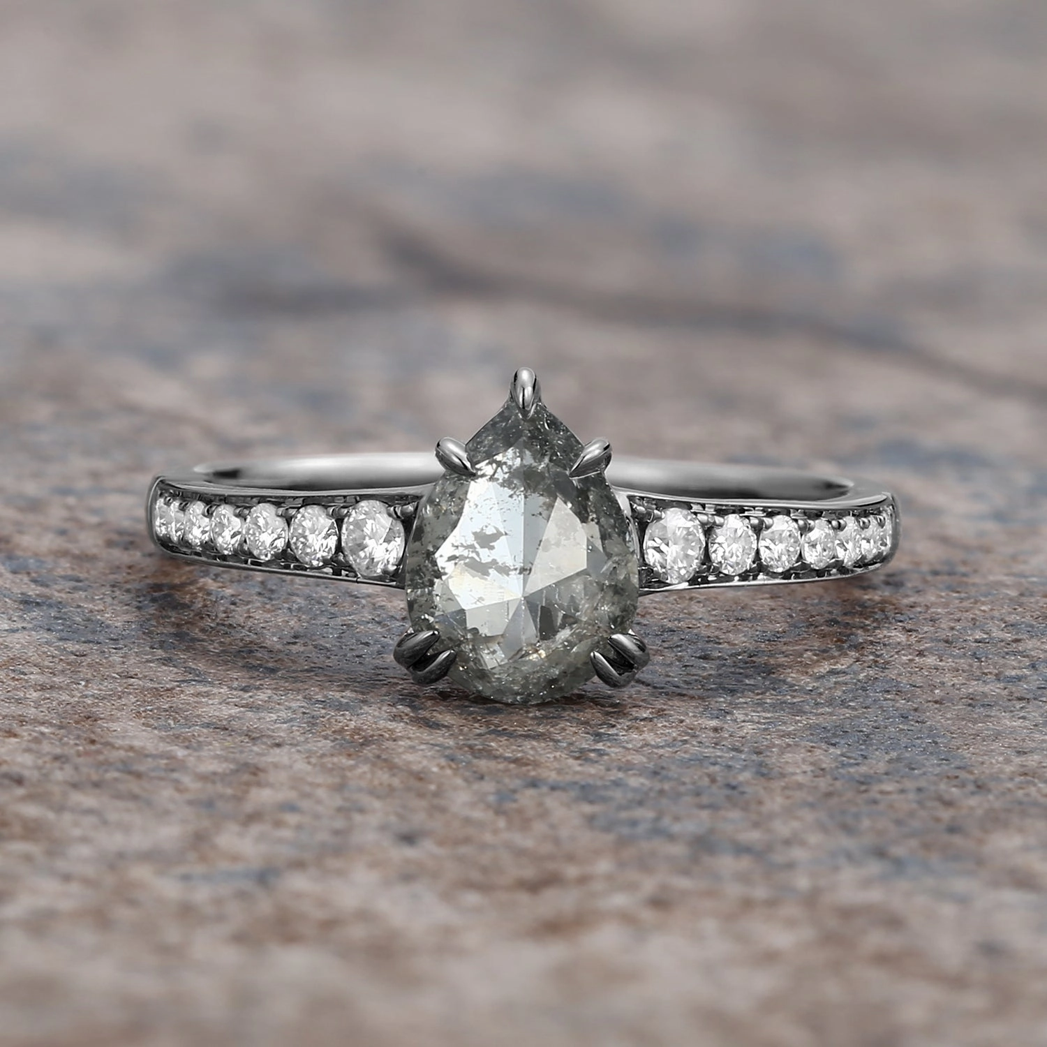 Antique Salt and Pepper Diamonds Pear Cut Engagement Ring Engagement Gift