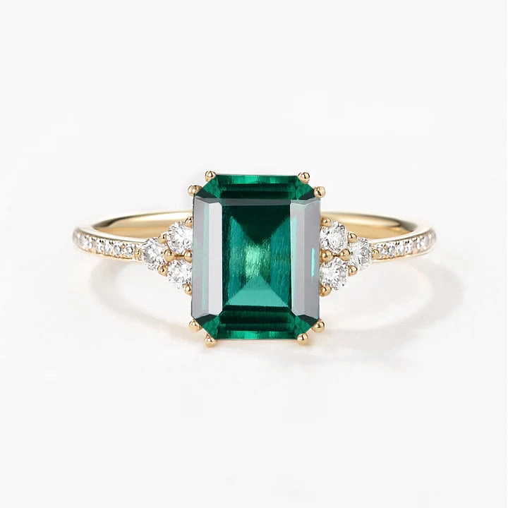 Precious Detail Formal Accessory Classic Emerald Cut Moss Agate & Moissanite Cluster Engagement Ring