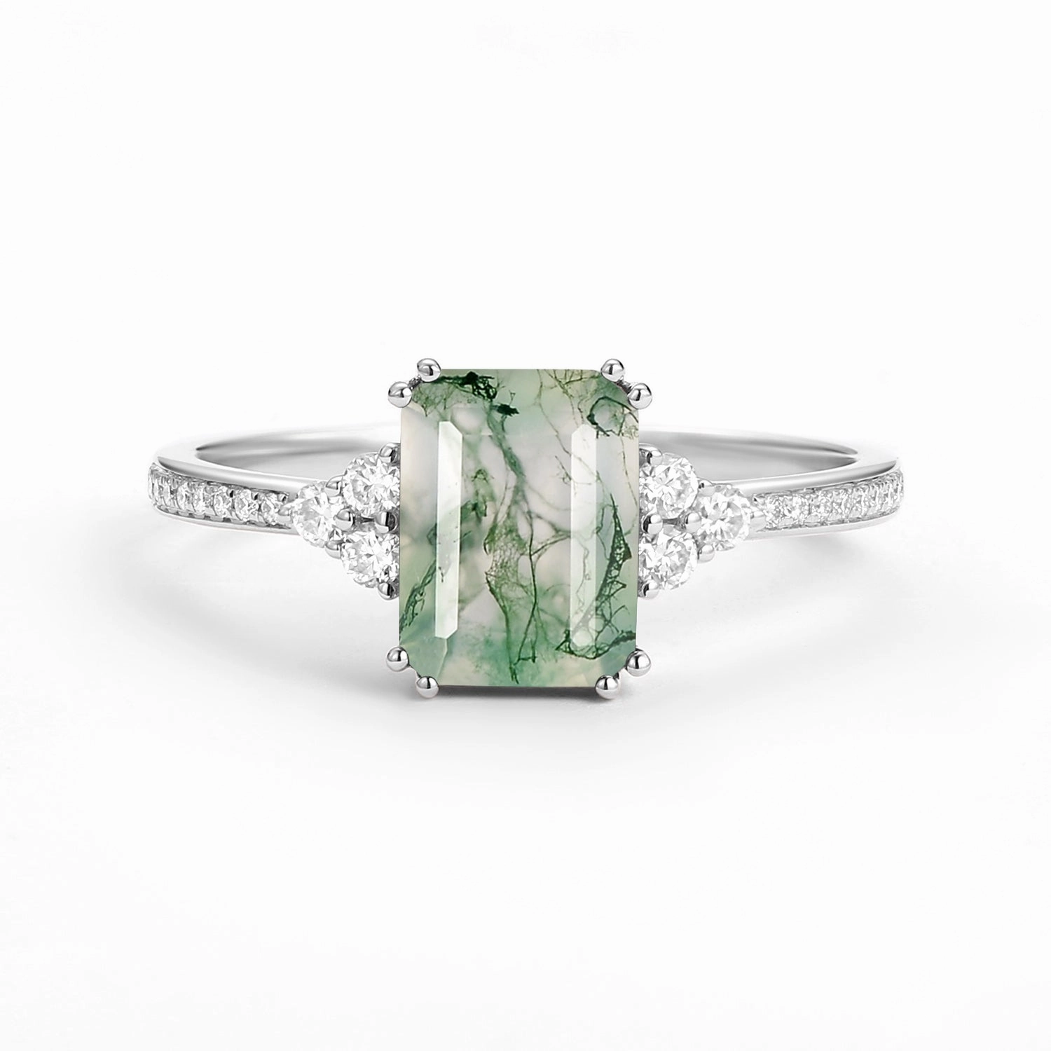Classic Emerald Cut Moss Agate & Moissanite Cluster Engagement Ring Gift For All Glow Layer