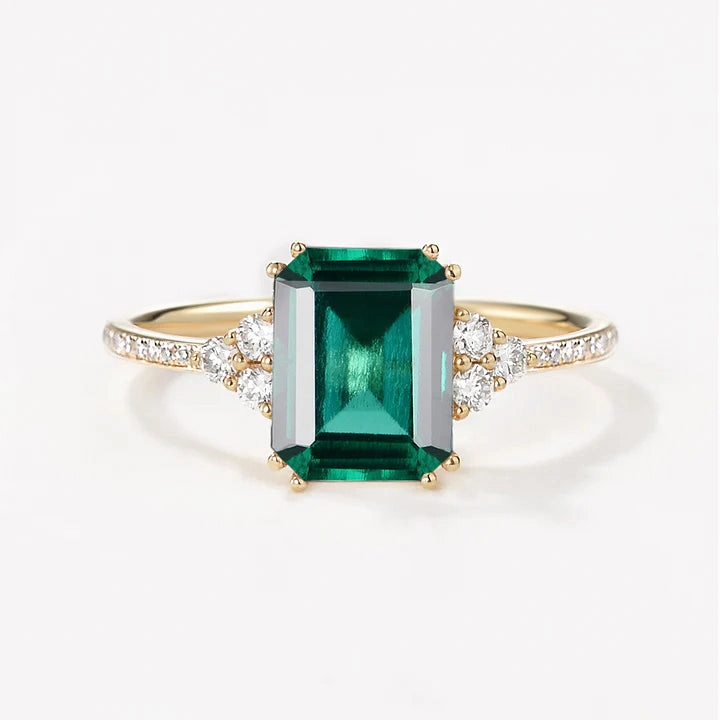Creative Genius Classic Emerald Cut Moss Agate & Moissanite Cluster Engagement Ring