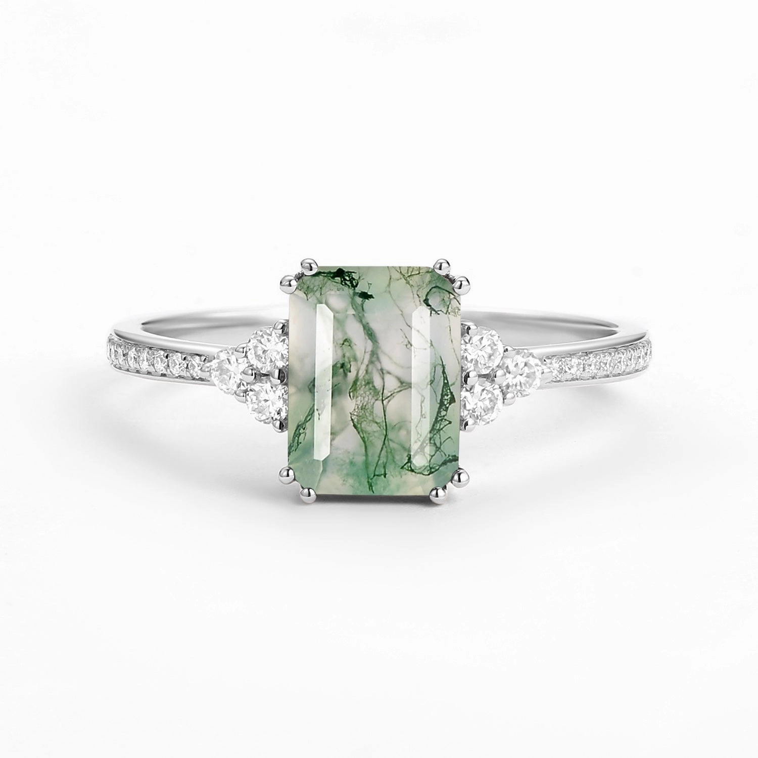 Classic Emerald Cut Moss Agate & Moissanite Cluster Engagement Ring Low-Cost Item Dramatic Effect