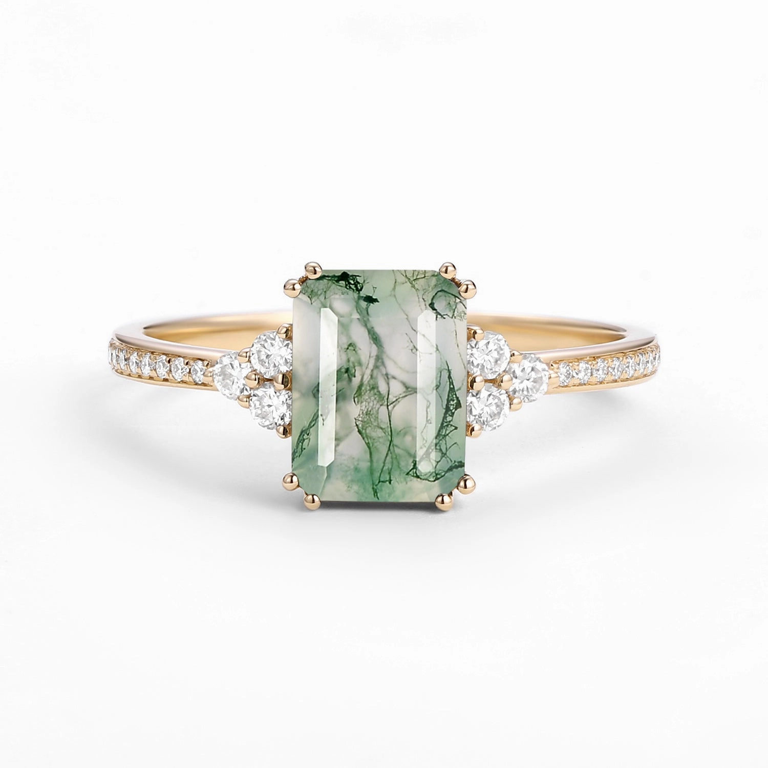 Classic Emerald Cut Moss Agate & Moissanite Cluster Engagement Ring Dainty Touch Fashion Muse