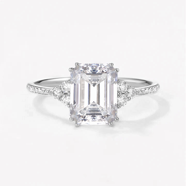 Classic Emerald Cut Moss Agate & Moissanite Cluster Engagement Ring Beautiful Mark City Style