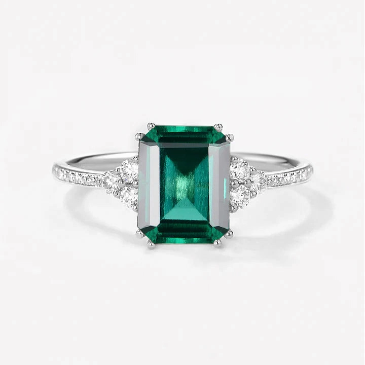 birthday party Classic Emerald Cut Moss Agate & Moissanite Cluster Engagement Ring