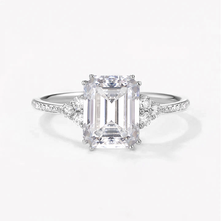 Classic Emerald Cut Moss Agate & Moissanite Cluster Engagement Ring Minimal Appeal