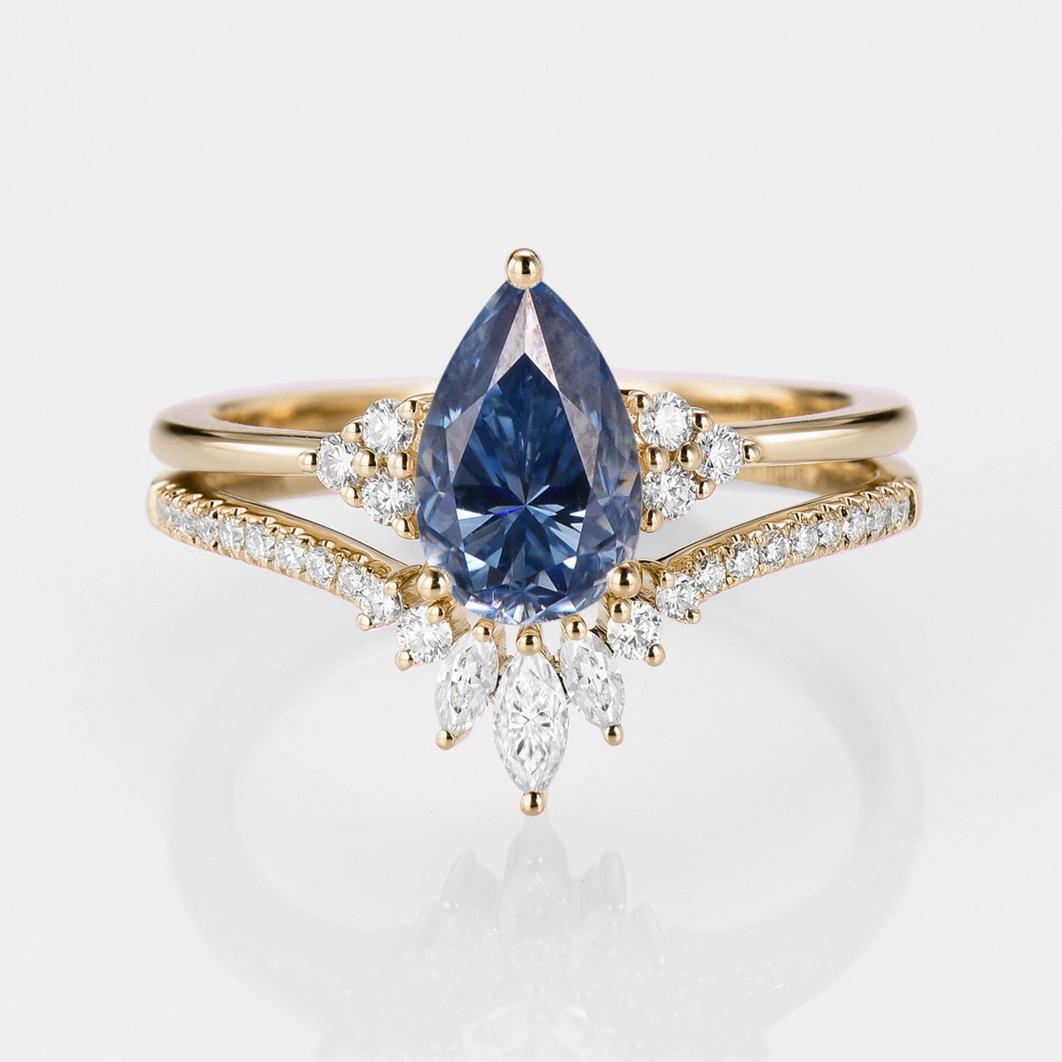 Modern Line Timeless Look Classic Engagement - Pear Moissanite Engagement Ring Set 2pcs - Lydia