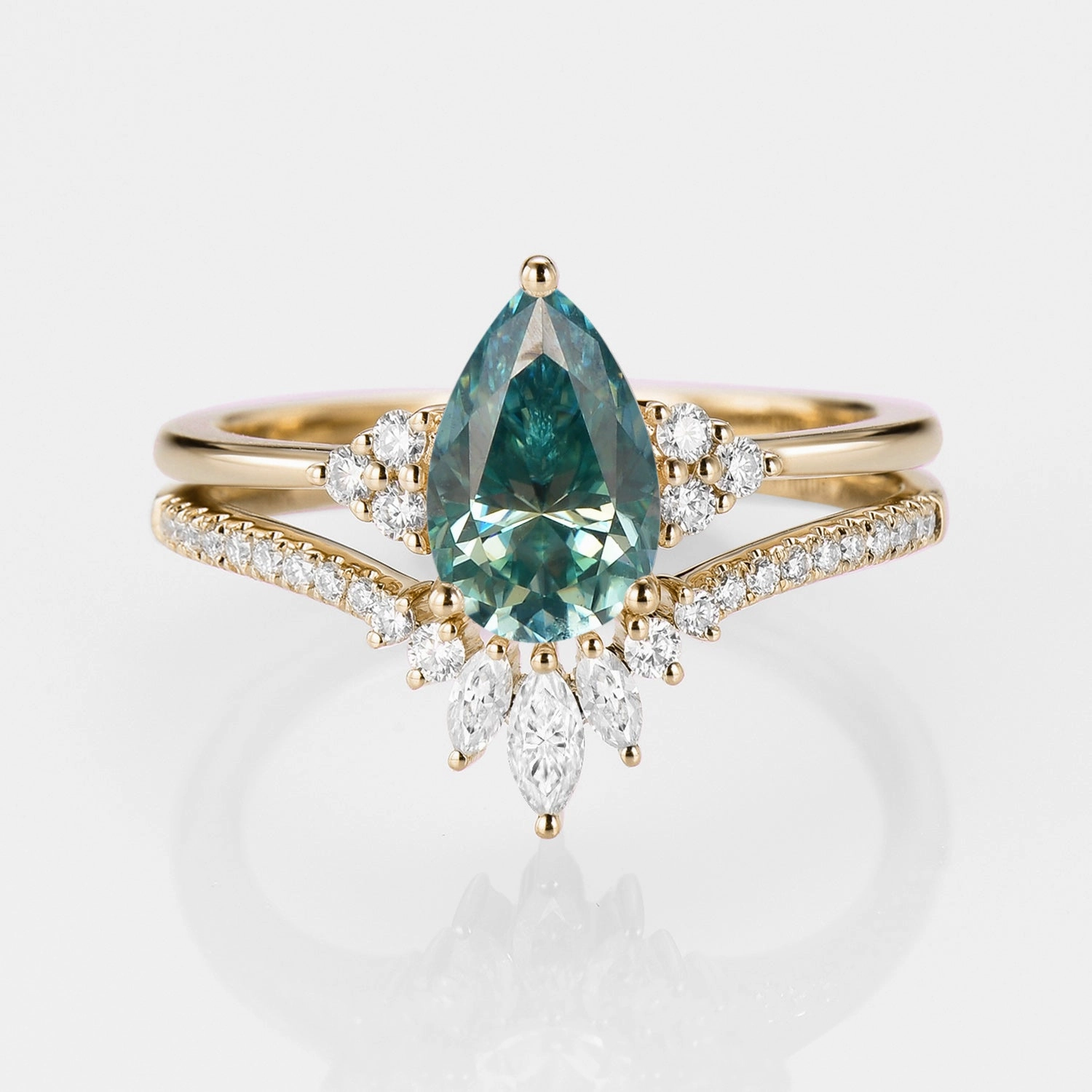 Classic Engagement - Pear Moissanite Engagement Ring Set 2pcs - Lydia Groundbreaking Design