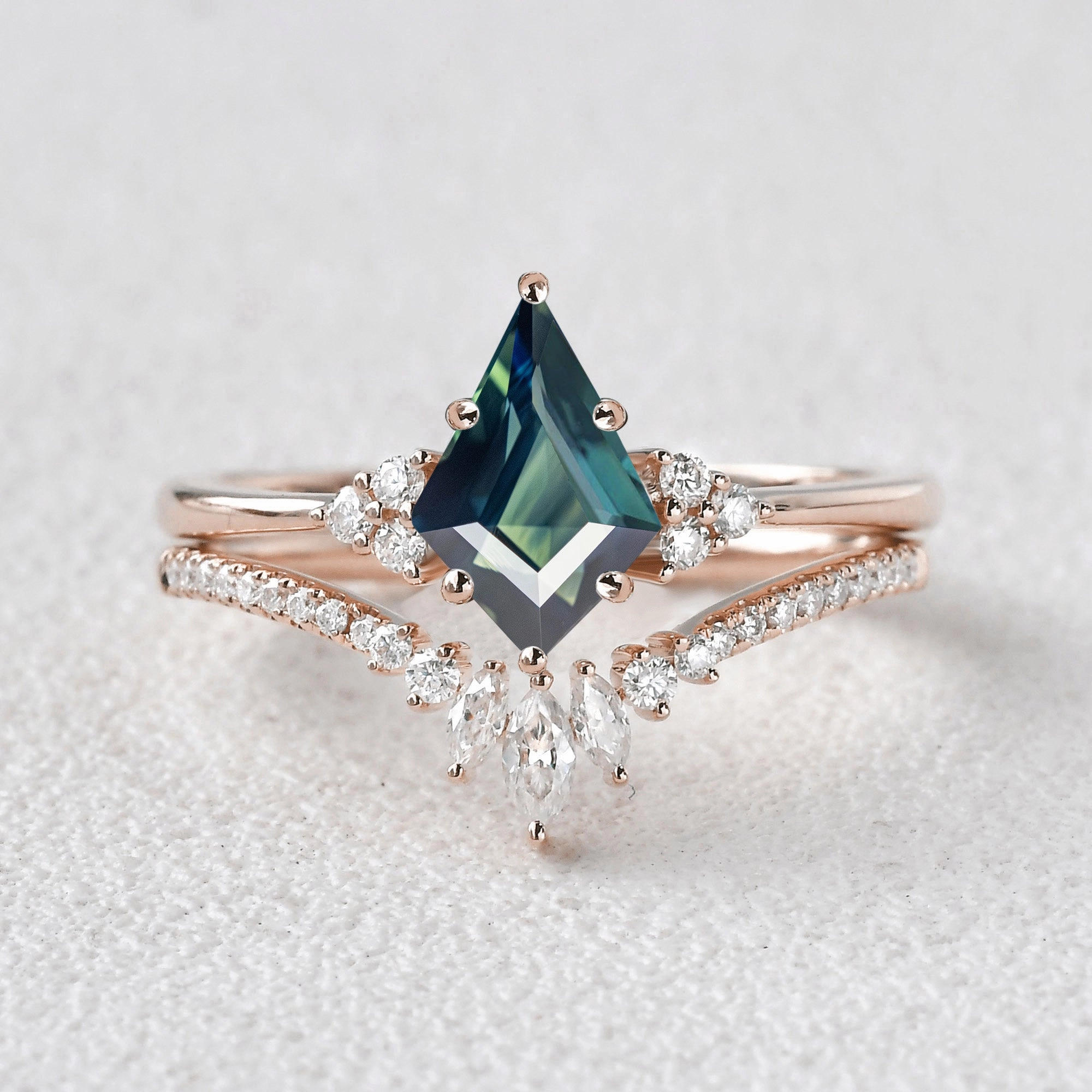 Classic Engagement - Unique Teal Sapphire Engagement Ring Set 2pcs - Lydia Elegant Art