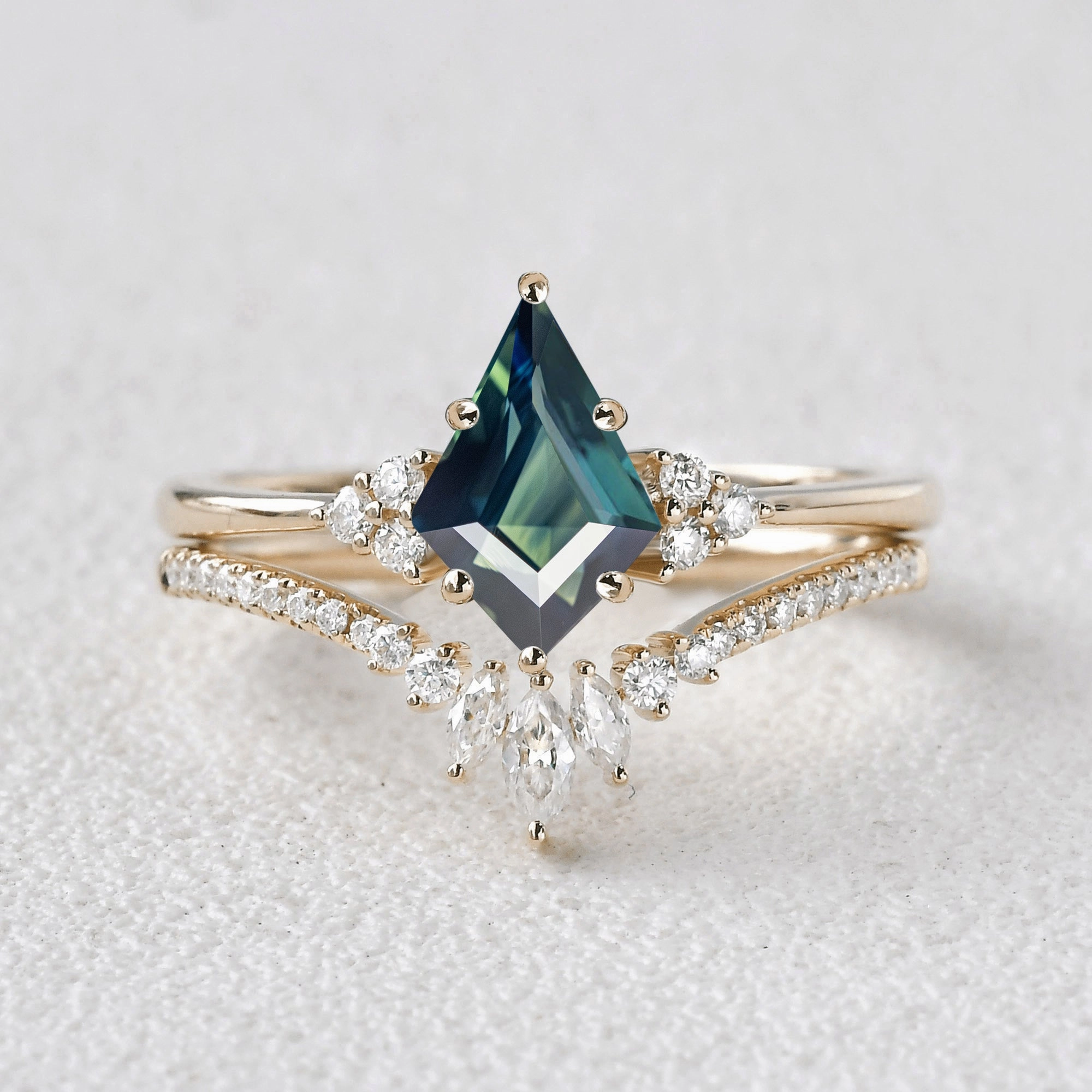 Dressed Up Look Classic Engagement - Unique Teal Sapphire Engagement Ring Set 2pcs - Lydia
