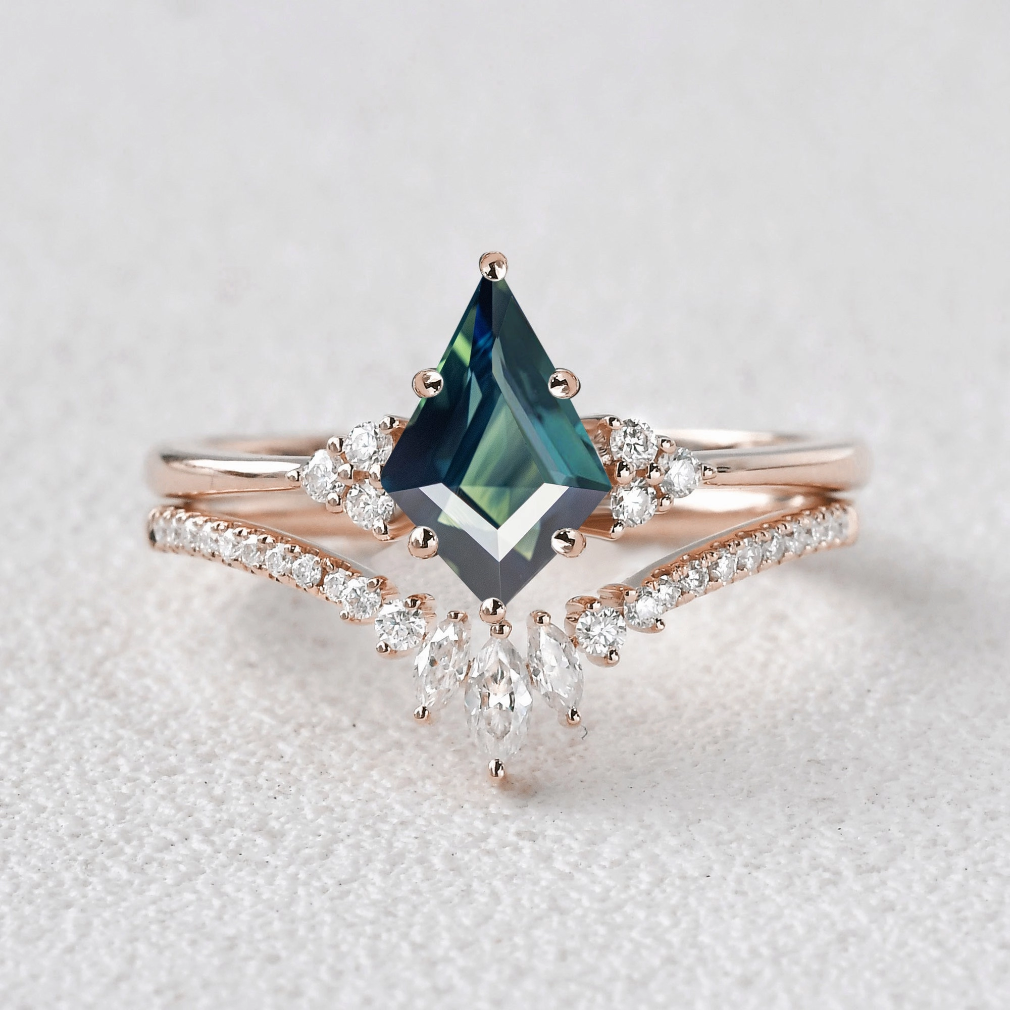 Classic Engagement - Unique Teal Sapphire Engagement Ring Set 2pcs - Lydia Quiet Shine