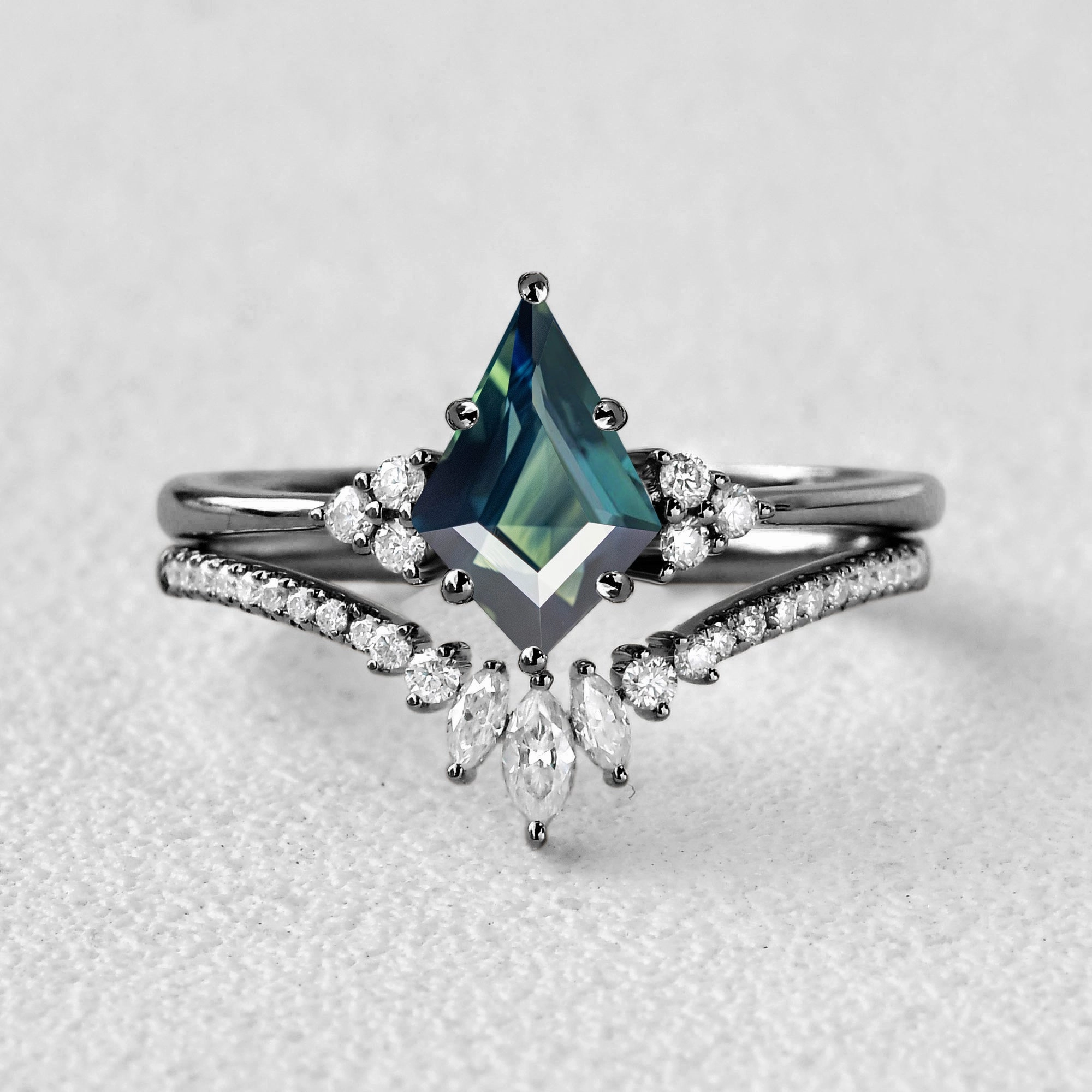 Classic Engagement - Unique Teal Sapphire Engagement Ring Set 2pcs - Lydia Polished Surface Lightweight Expression