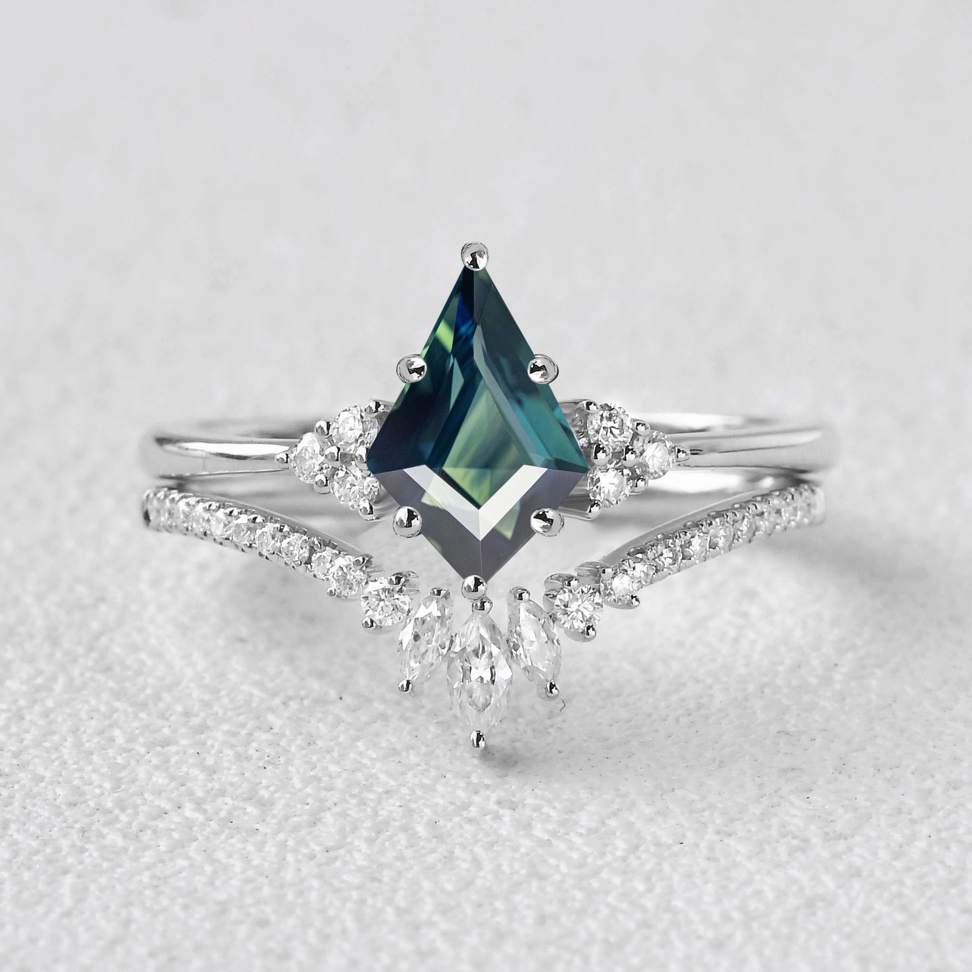 Muted Style Classic Engagement - Unique Teal Sapphire Engagement Ring Set 2pcs - Lydia