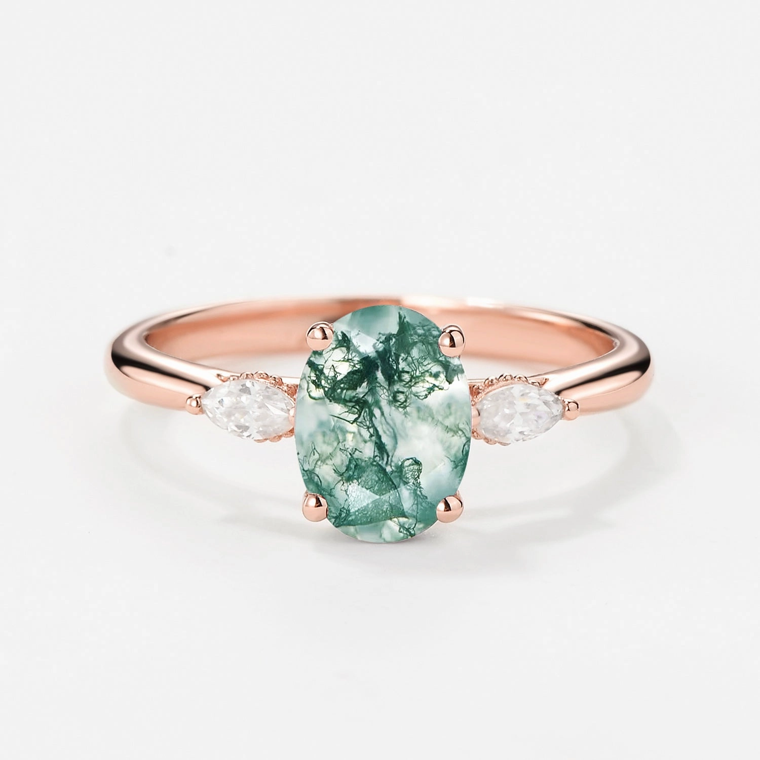 Charming Gifts Oval Moss Agate Hidden Halo Three Stone Engagement Ring