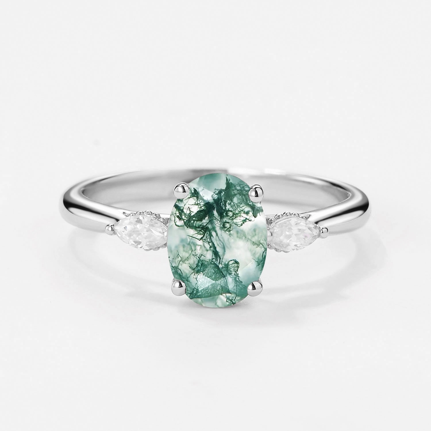 Oval Moss Agate Hidden Halo Three Stone Engagement Ring Exclusive item