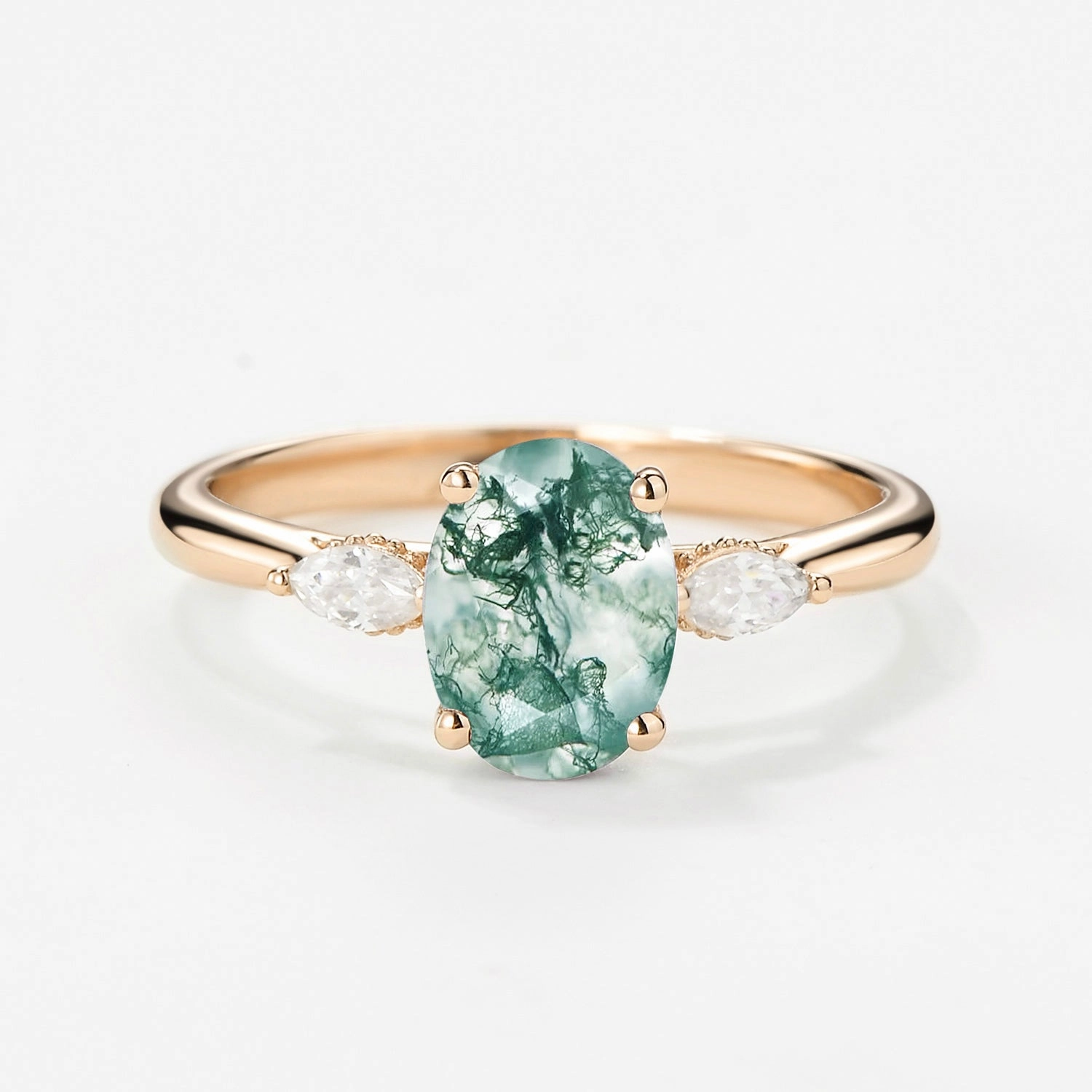 Elegant Embellishment Work Friendly Style Oval Moss Agate Hidden Halo Three Stone Engagement Ring