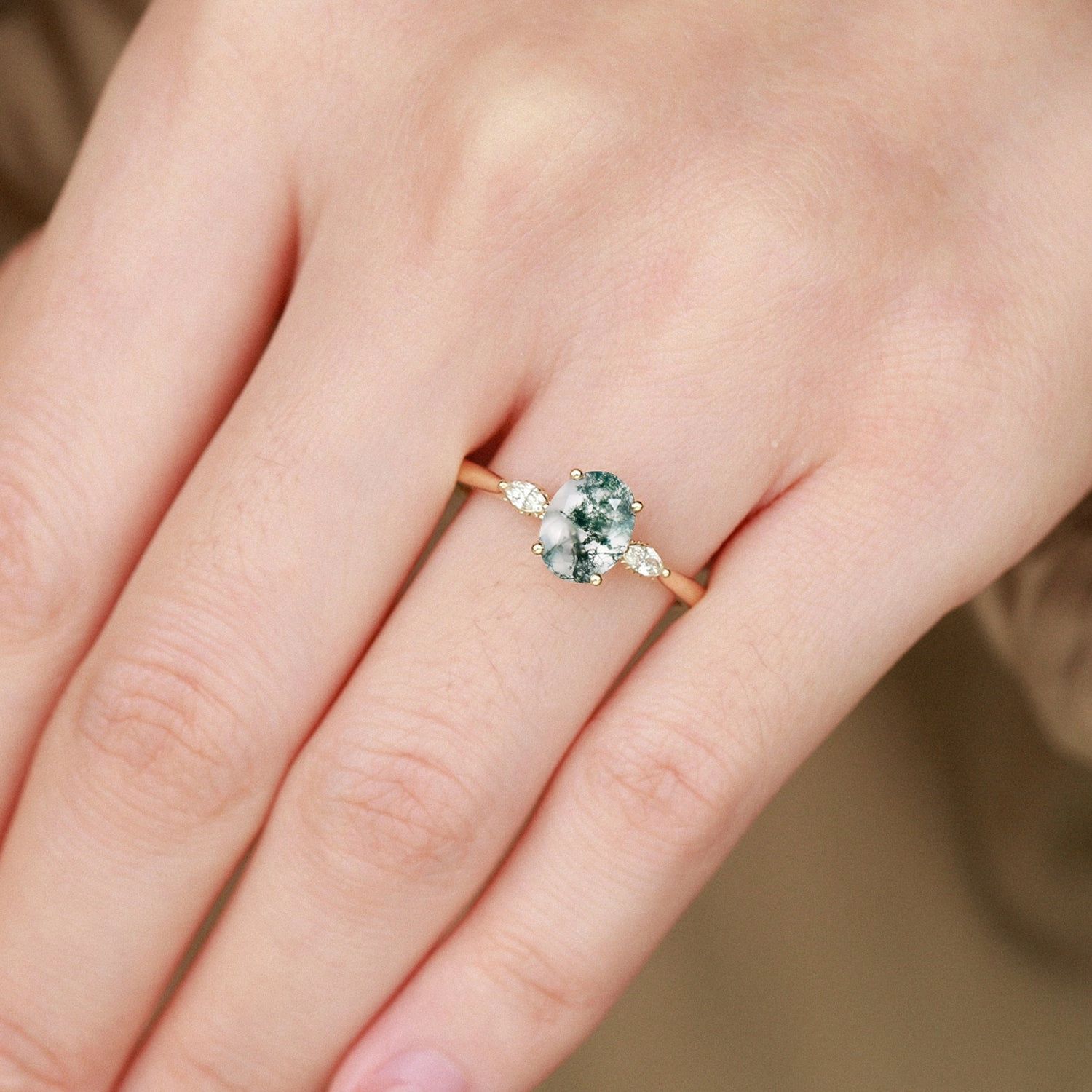 Oval Moss Agate Hidden Halo Three Stone Engagement Ring Return policy