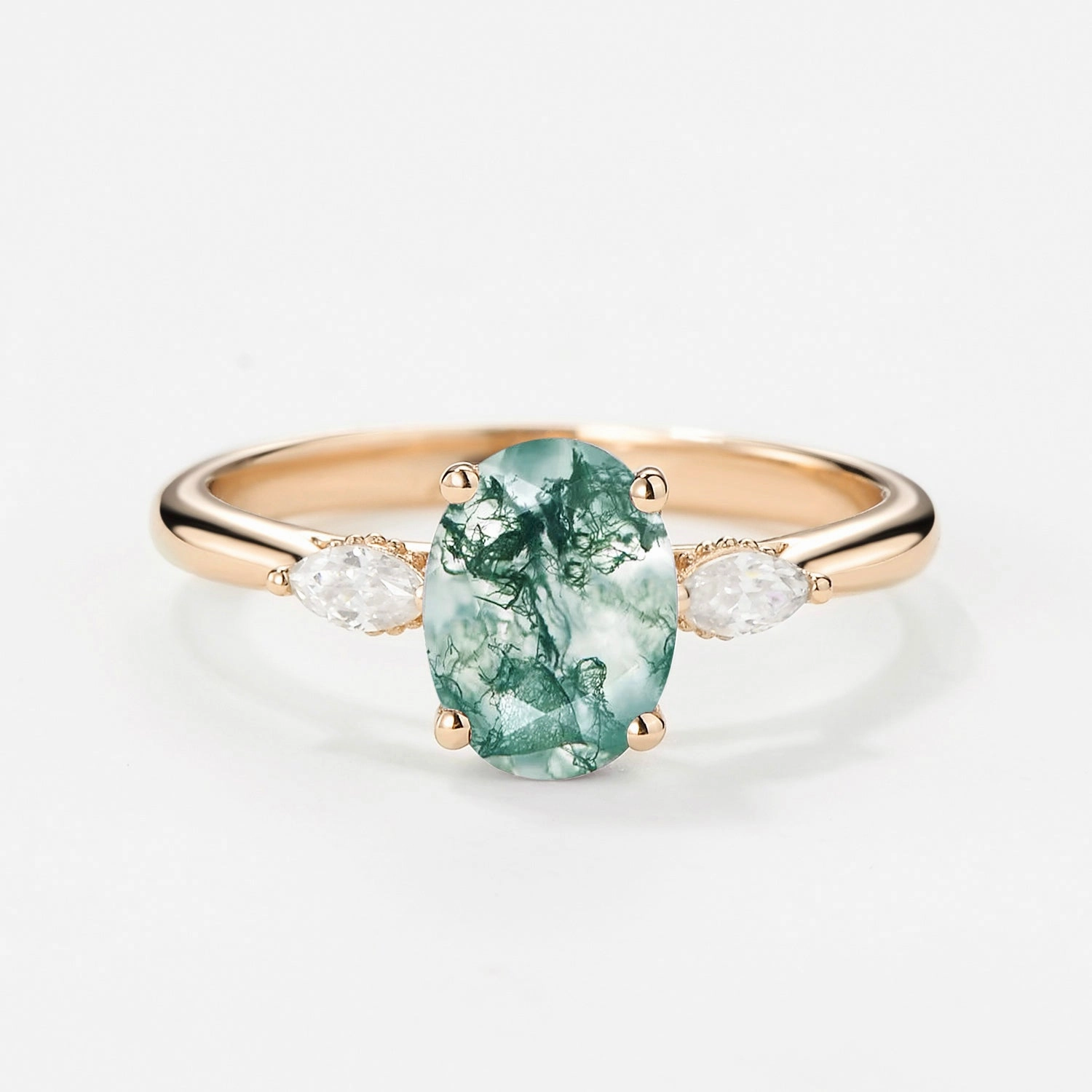 Oval Moss Agate Hidden Halo Three Stone Engagement Ring Special Edition Glamorous Accessory