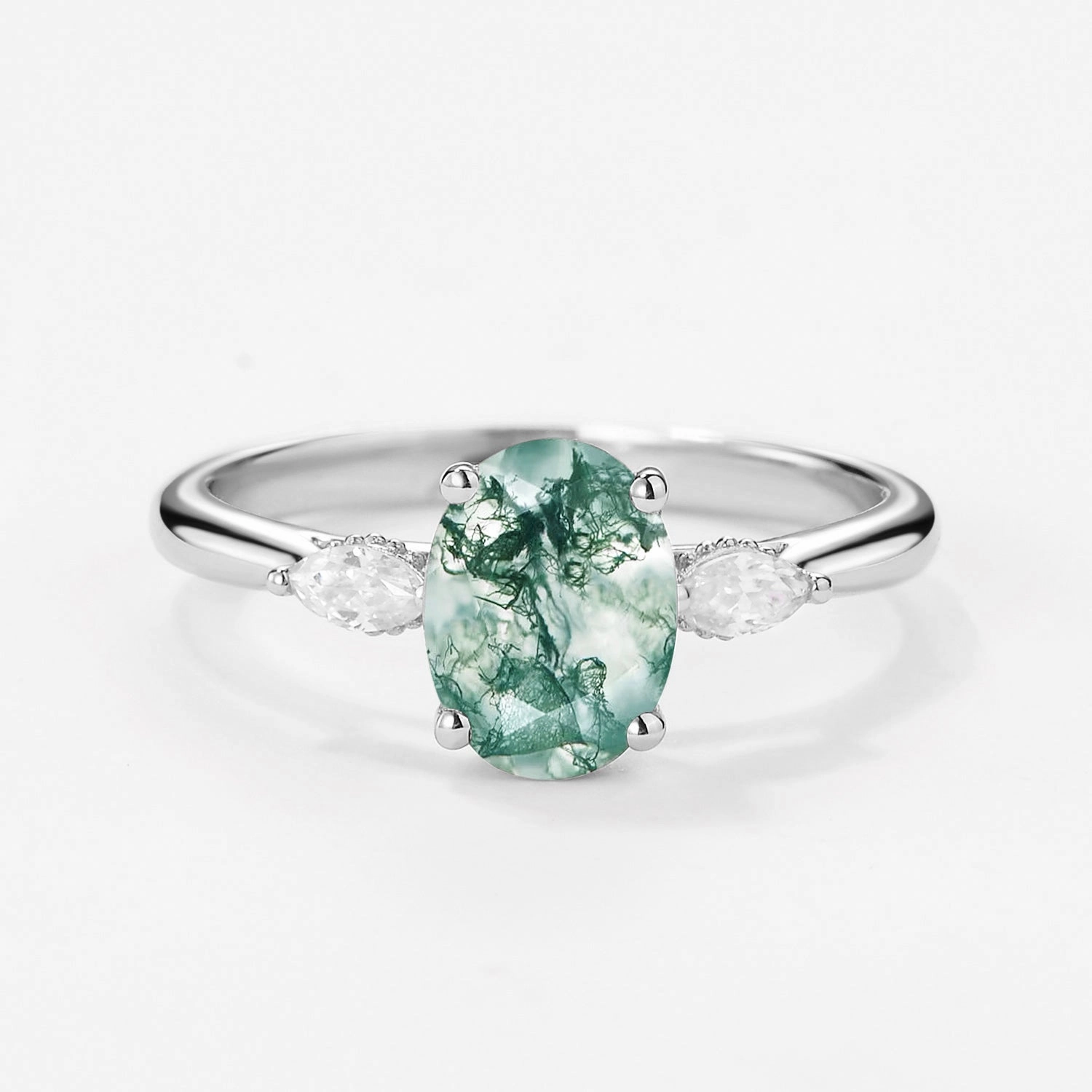 Iridescent effect Oval Moss Agate Hidden Halo Three Stone Engagement Ring