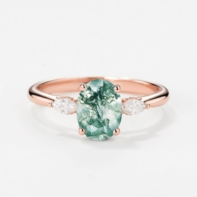 Charming Gifts Oval Moss Agate Hidden Halo Three Stone Engagement Ring