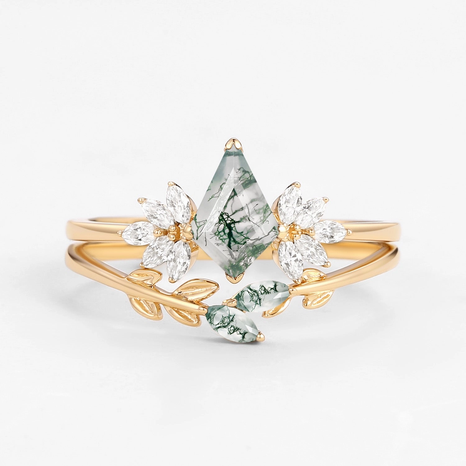 Fairy Ring - Moss Agate Leafy Forest Elves Engagement Ring Set 2pcs - Amayah Sophisticated Appeal Structured Design